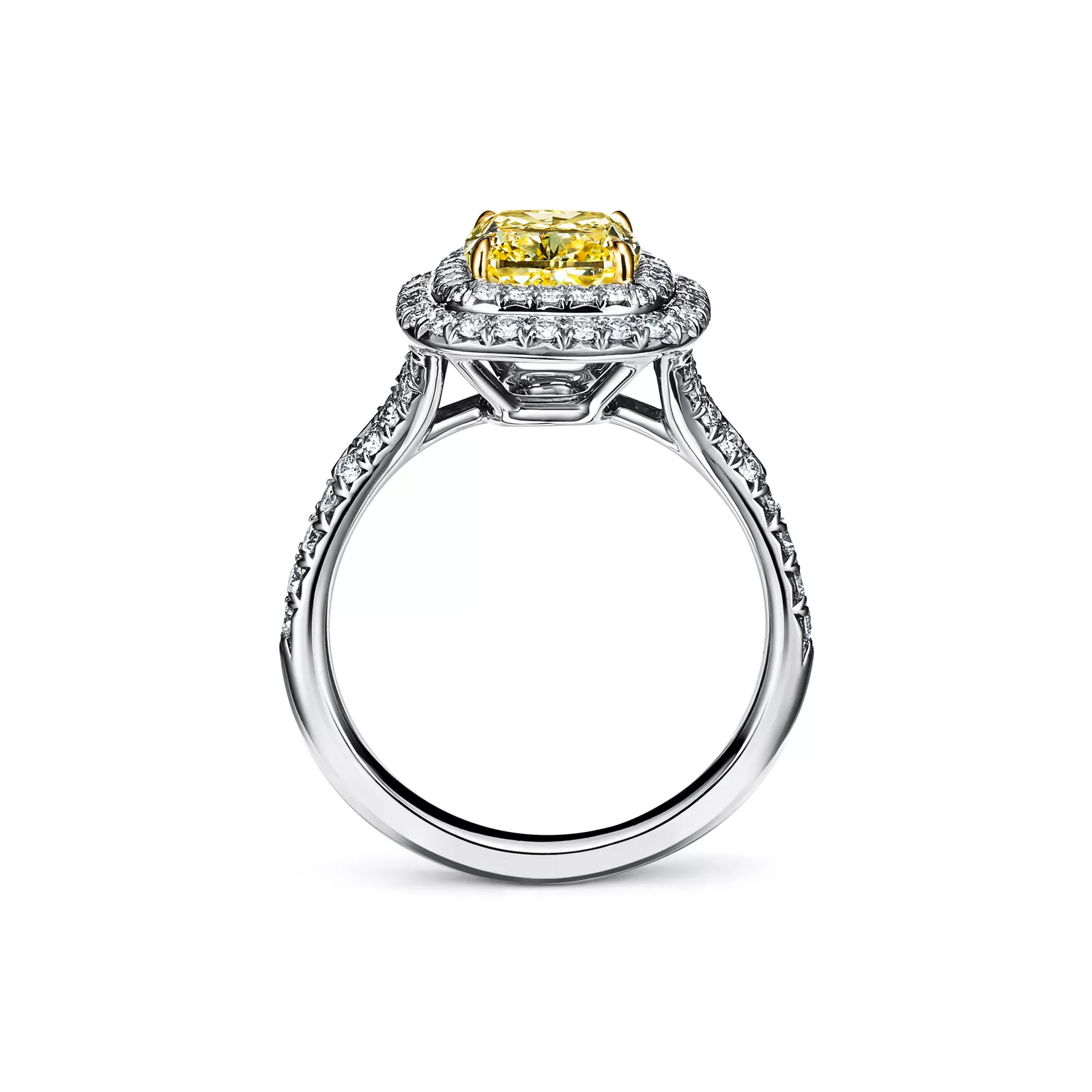 Cushion-cut Yellow Diamond Halo Engagement Ring in Platinum