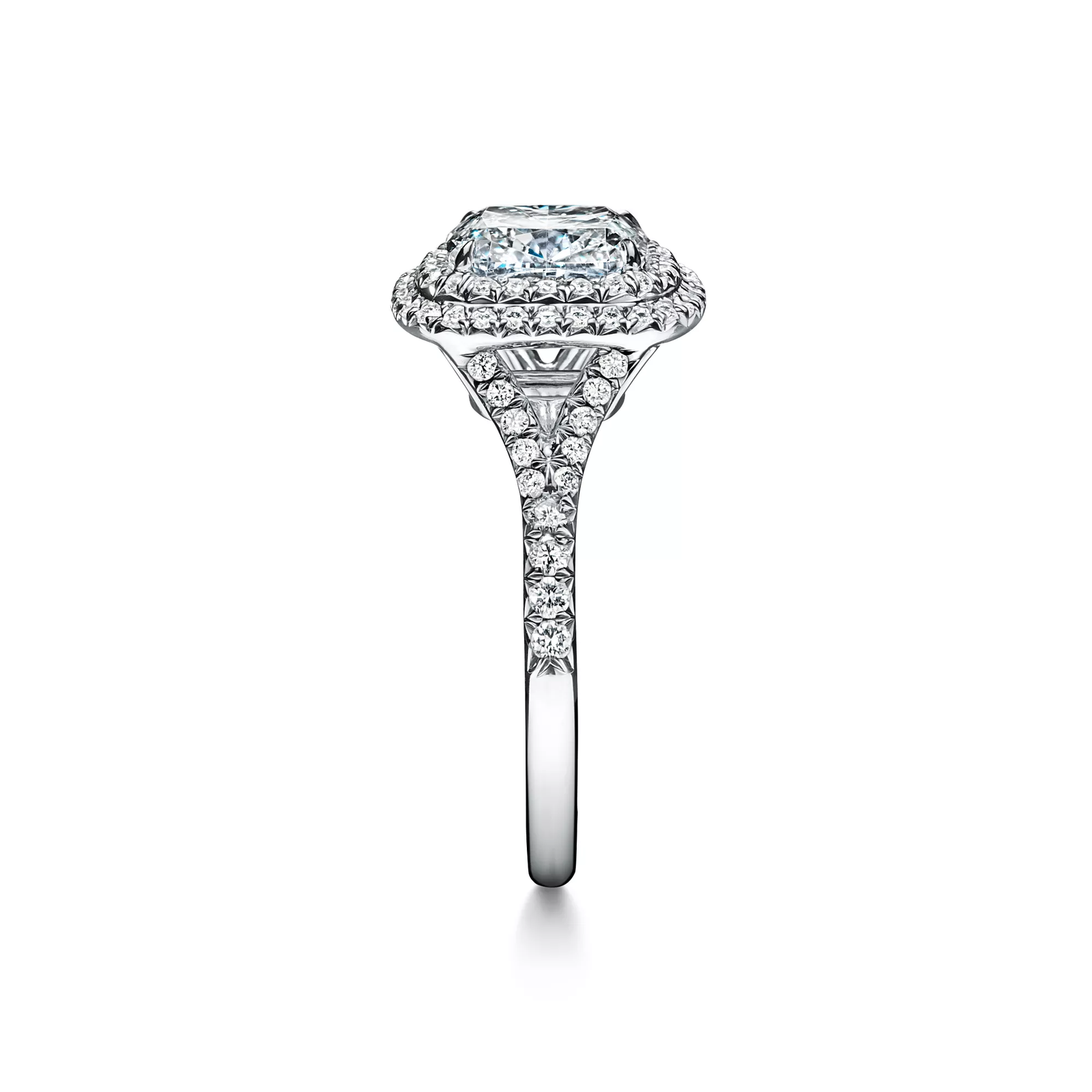 Cushion-cut Double Halo Engagement Ring with a Diamond Platinum Band