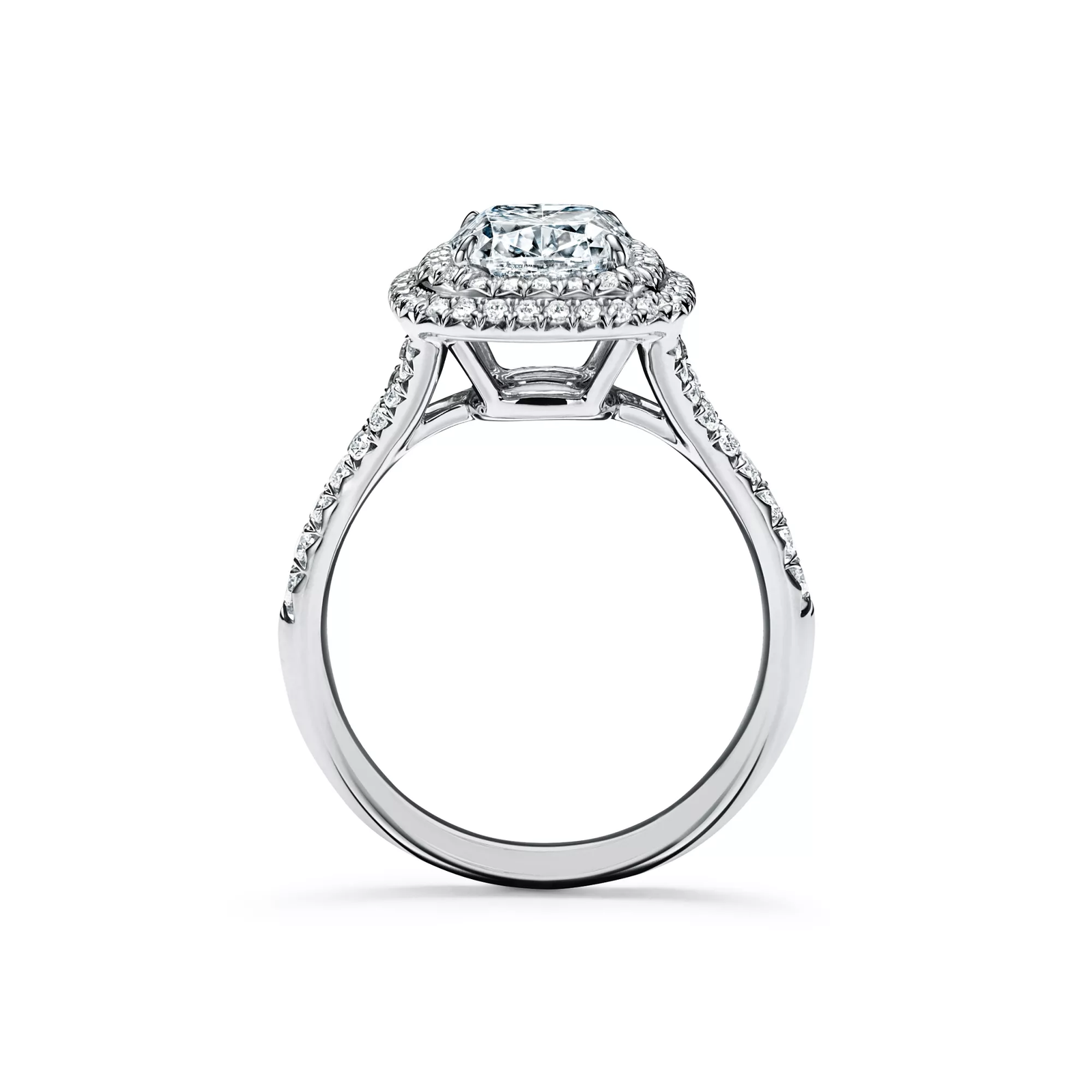 Cushion-cut Double Halo Engagement Ring with a Diamond Platinum Band