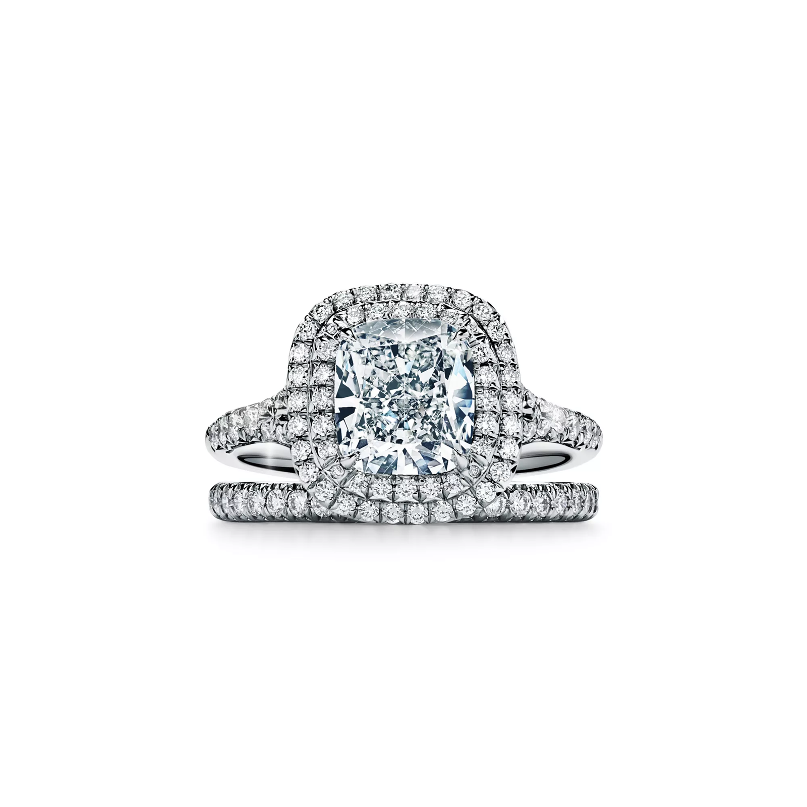 Cushion-cut Double Halo Engagement Ring with a Diamond Platinum Band
