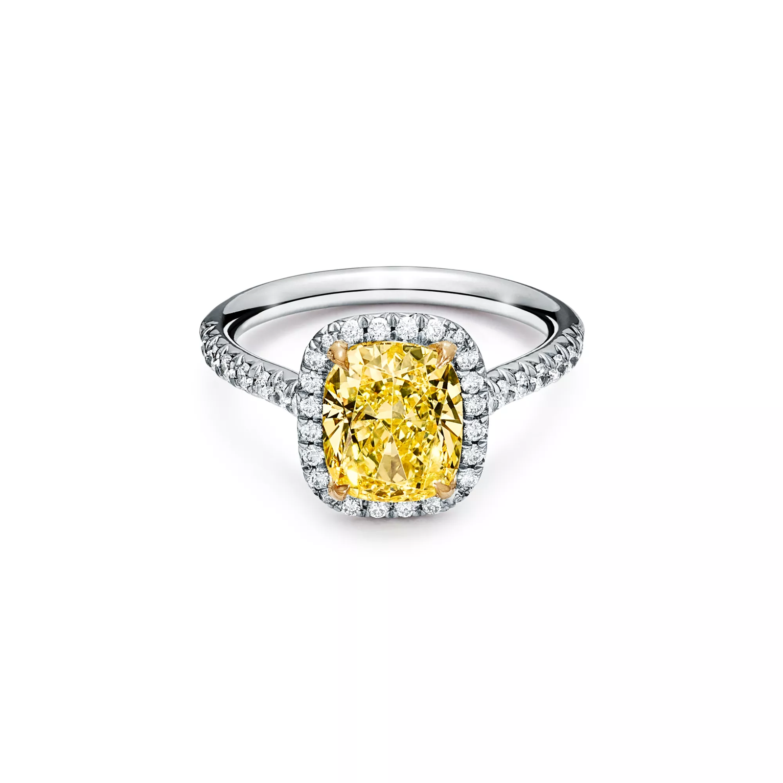 Cushion-cut Halo Engagement Ring with a Diamond Platinum Band