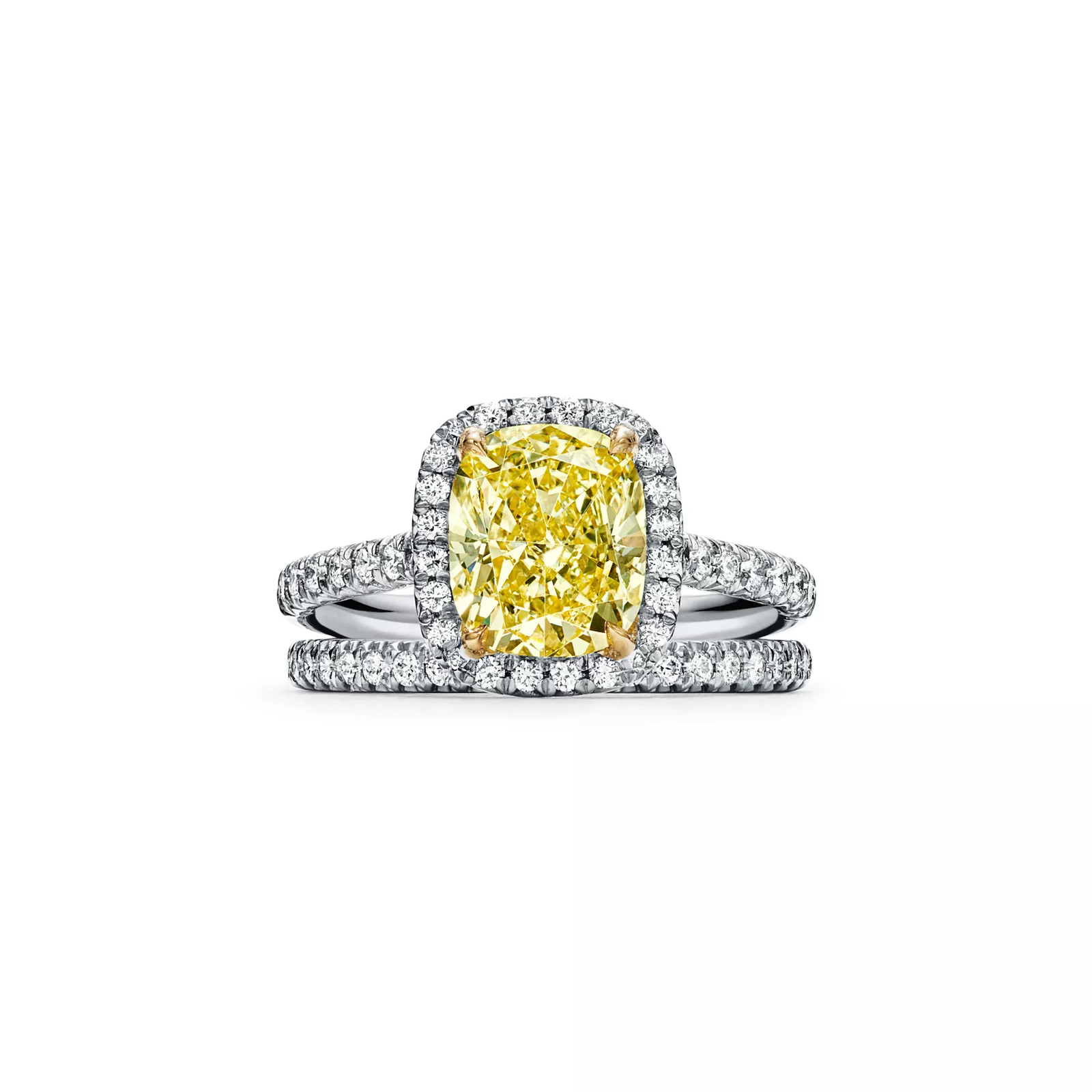 Cushion-cut Halo Engagement Ring with a Diamond Platinum Band