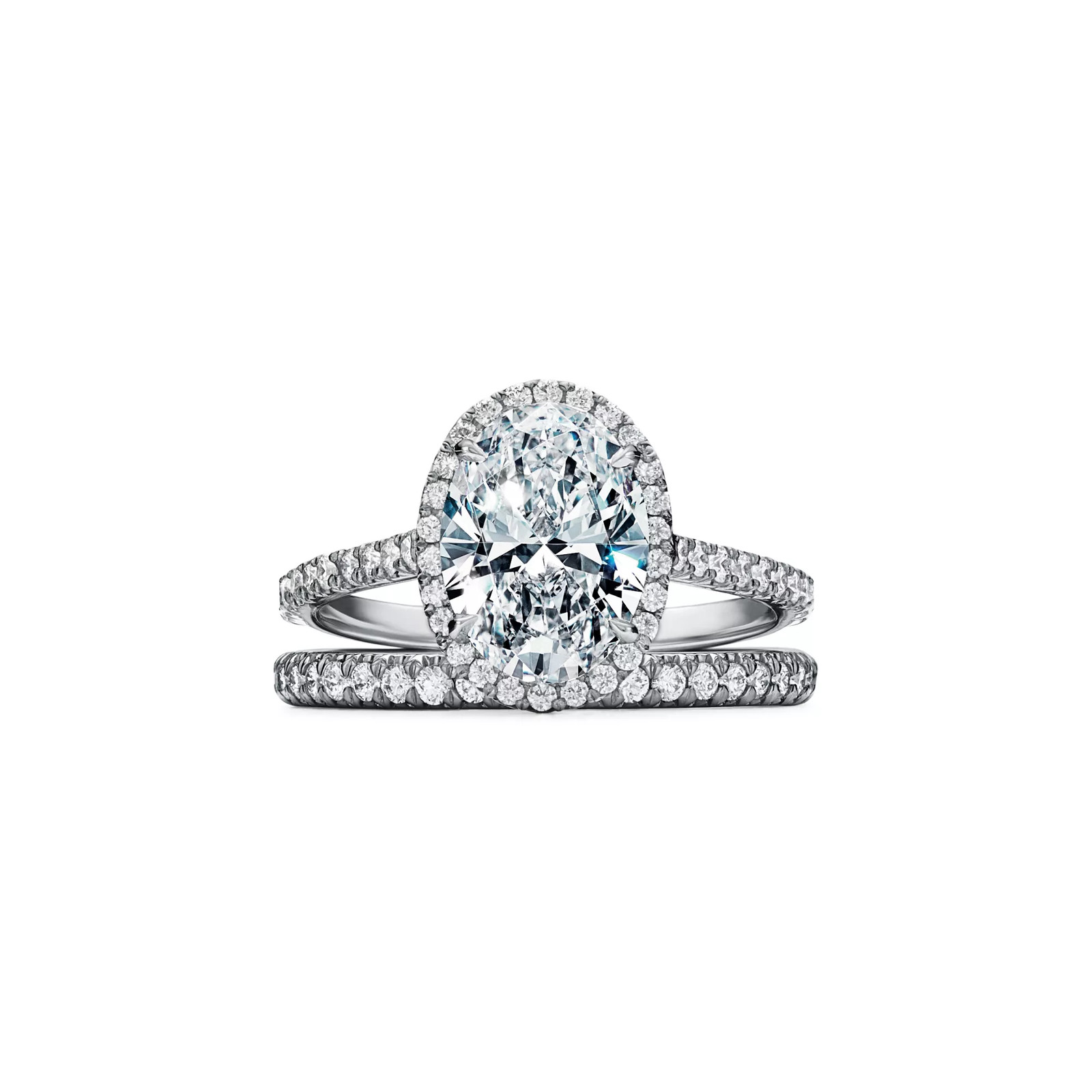 Oval Halo Engagement Ring with a Diamond Platinum Band