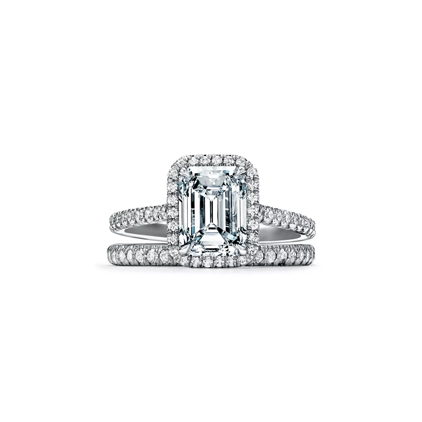 Emerald-cut Halo Engagement Ring with a Diamond Platinum Band