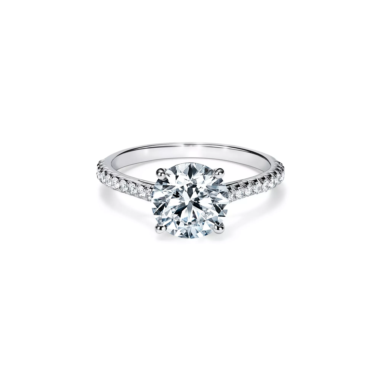 Round Brilliant Diamond Engagement Ring with a Pave Diamond Band in Platinum