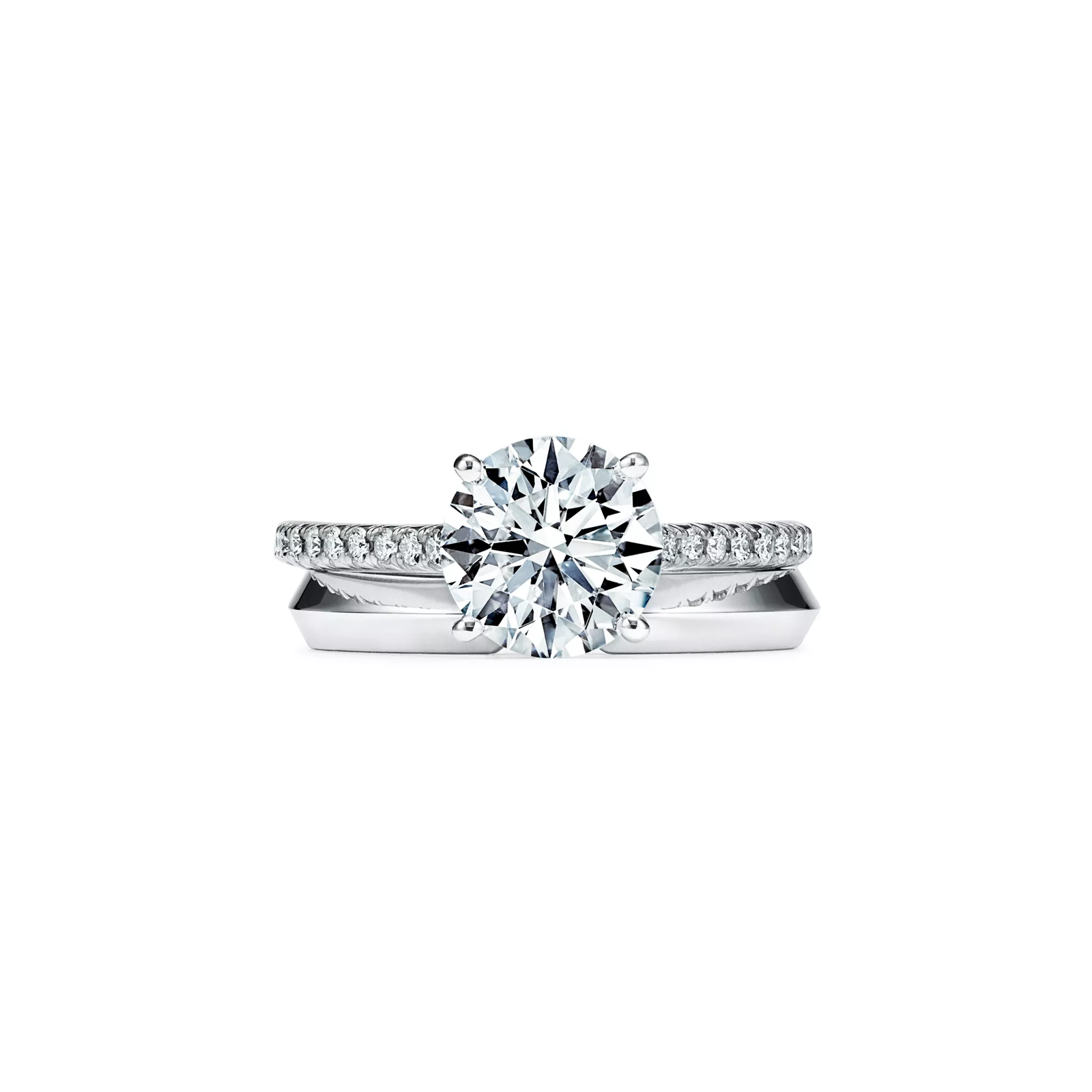 Round Brilliant Diamond Engagement Ring with a Pave Diamond Band in Platinum