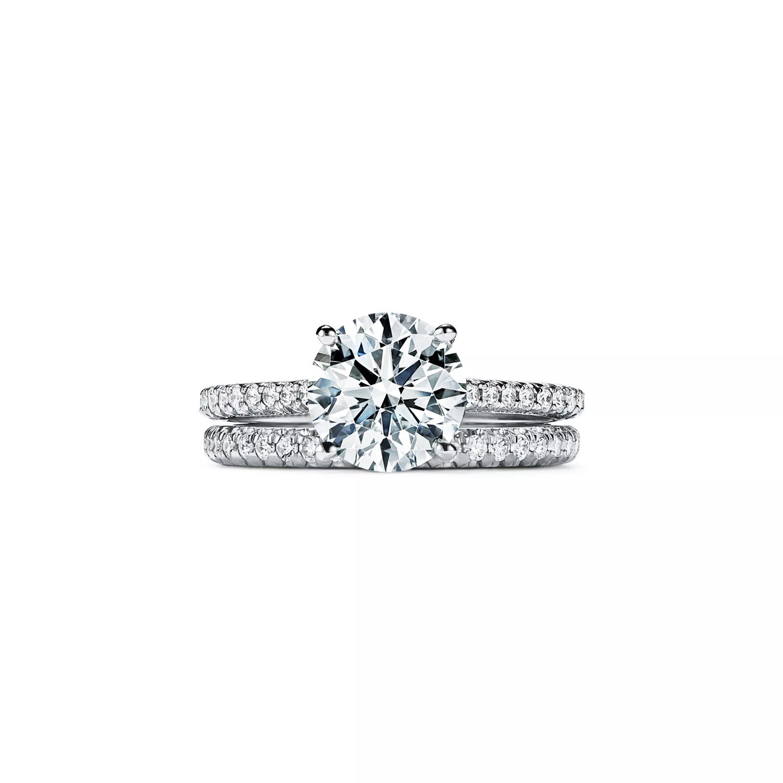 Round Brilliant Diamond Engagement Ring with a Pave Diamond Band in Platinum
