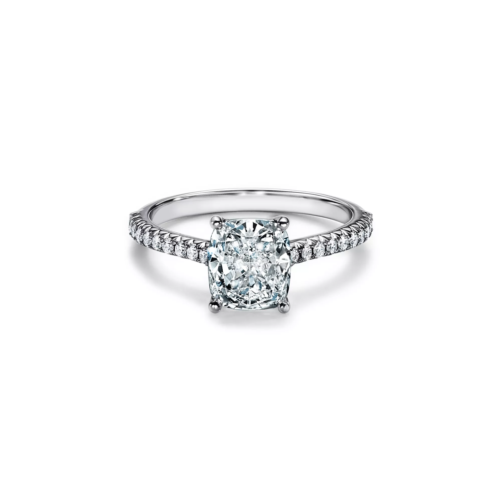 Cushion-cut Engagement Ring with a Pave Diamond Band in Platinum