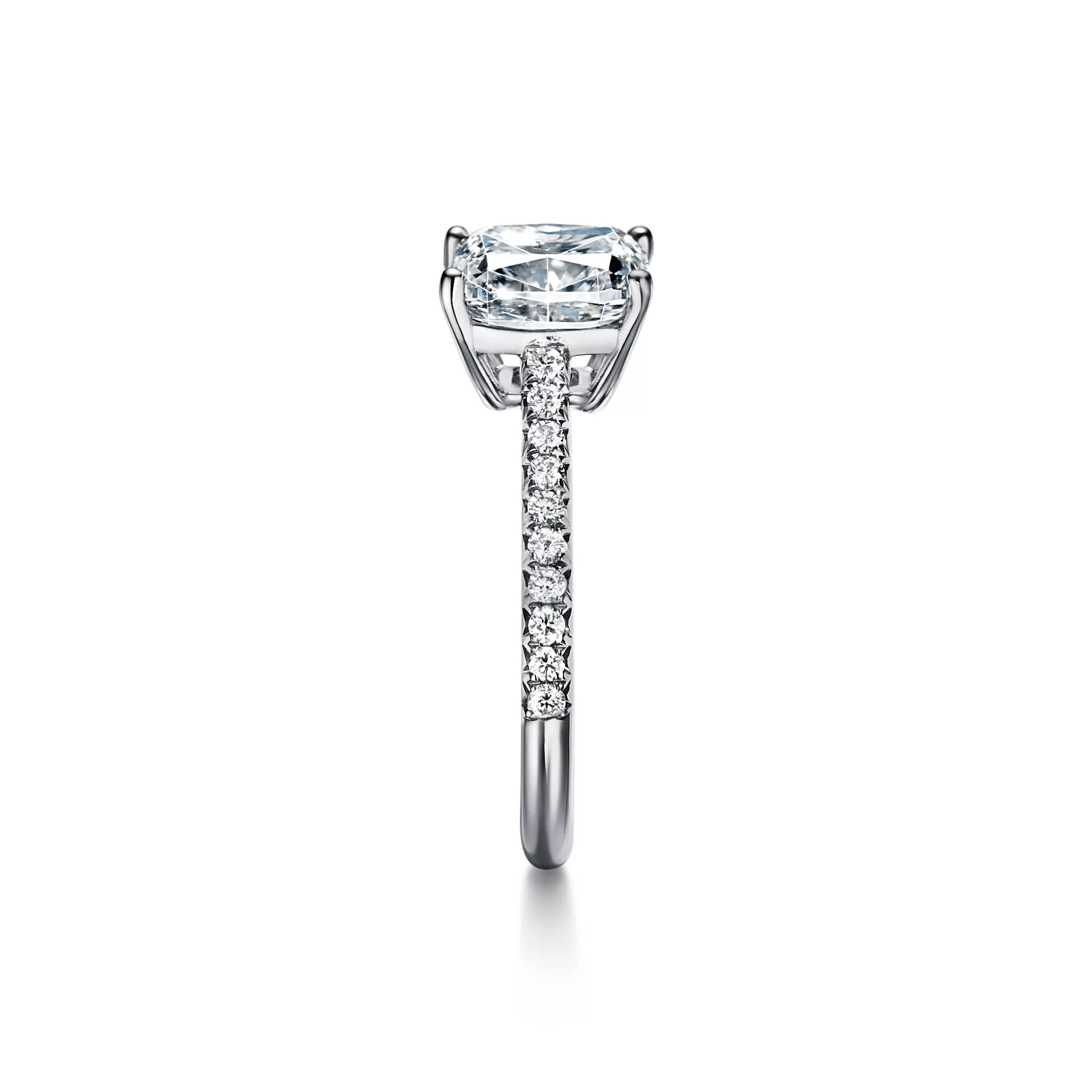 Cushion-cut Engagement Ring with a Pave Diamond Band in Platinum