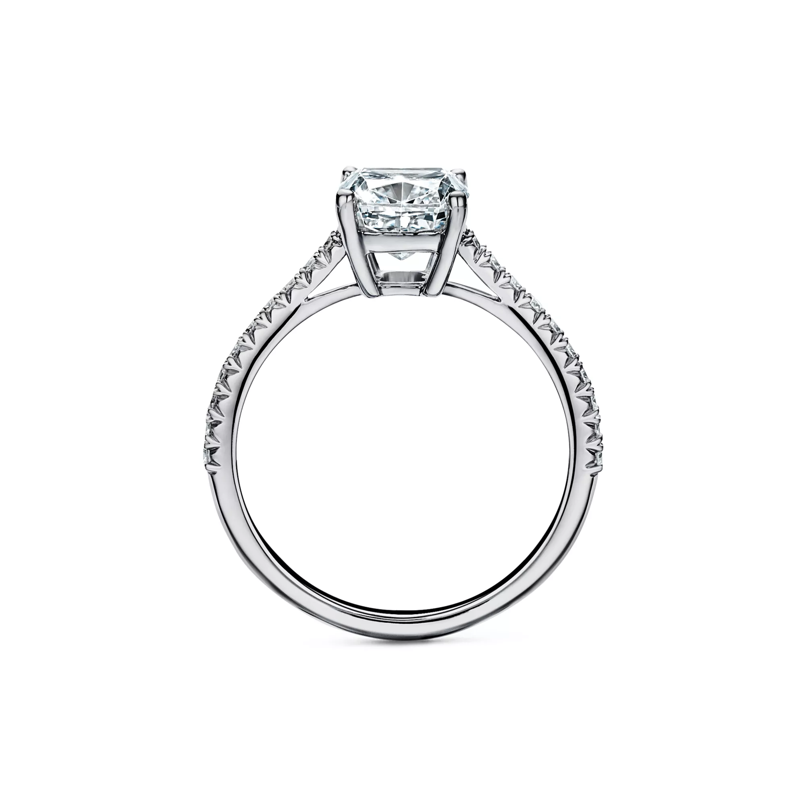 Cushion-cut Engagement Ring with a Pave Diamond Band in Platinum