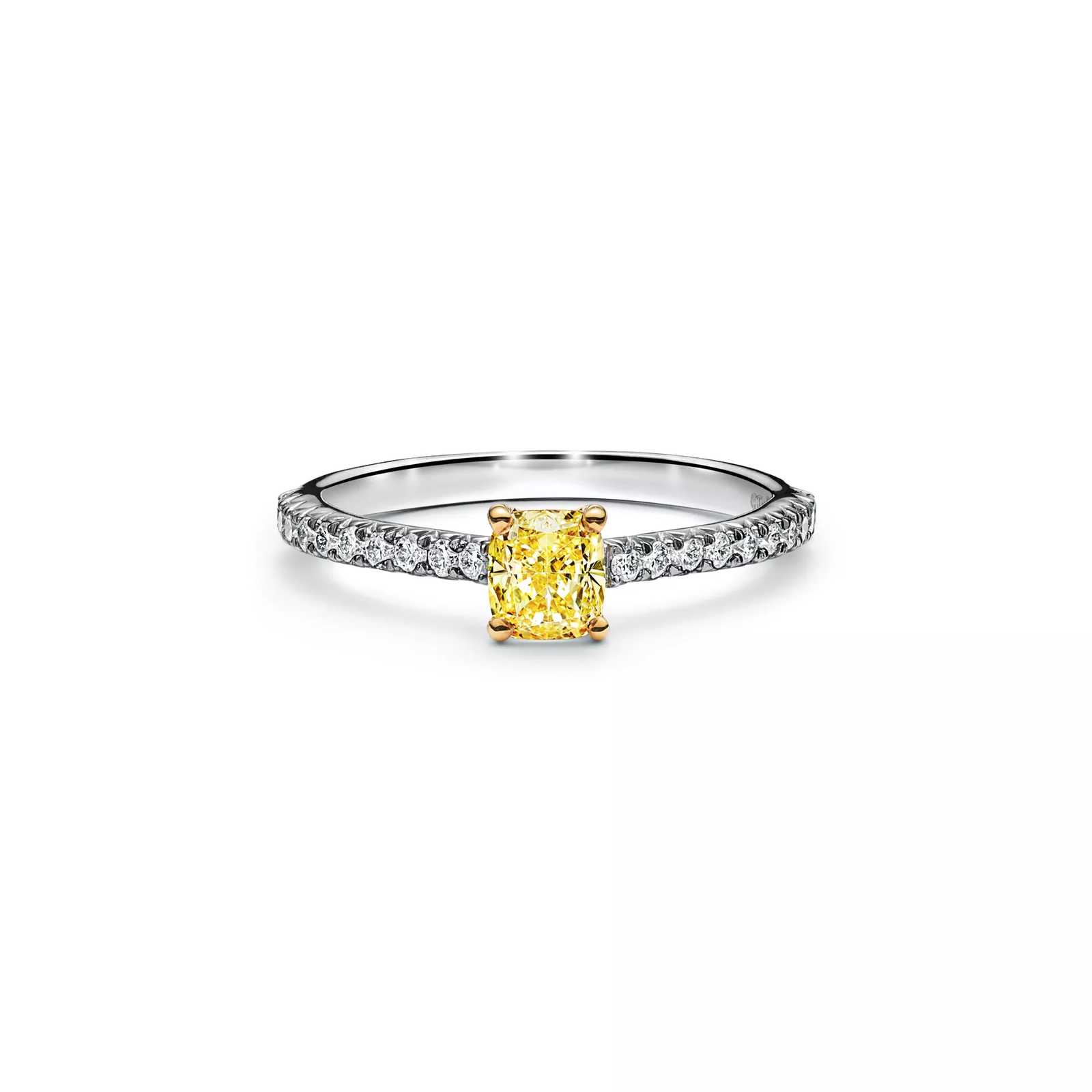 Cushion-cut Yellow Diamond Engagement Ring with a Pave Diamond Band in Platinum