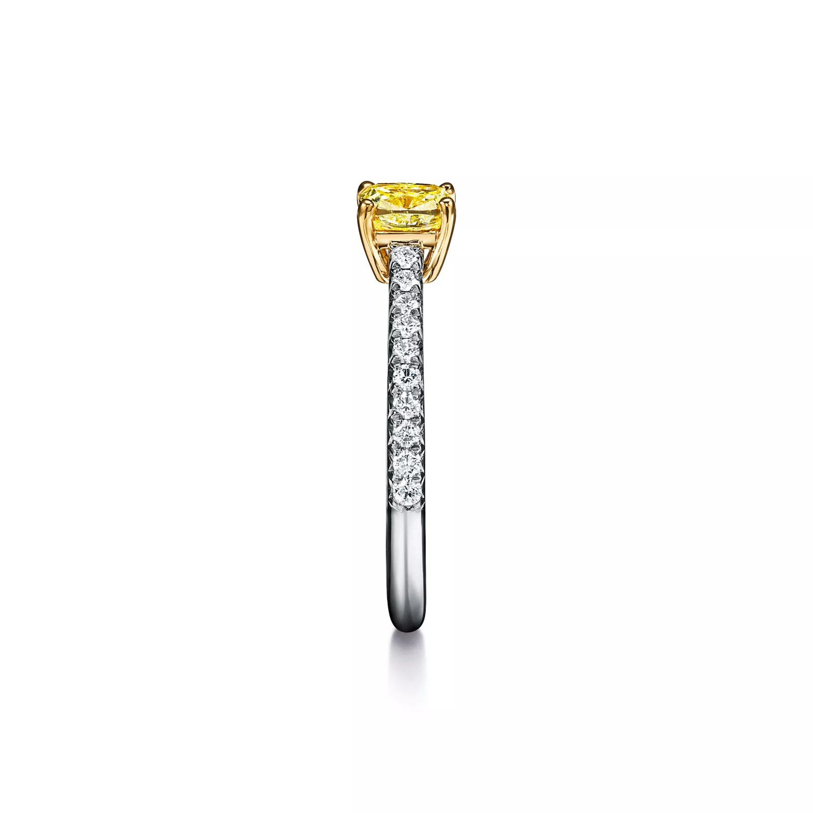 Cushion-cut Yellow Diamond Engagement Ring with a Pave Diamond Band in Platinum