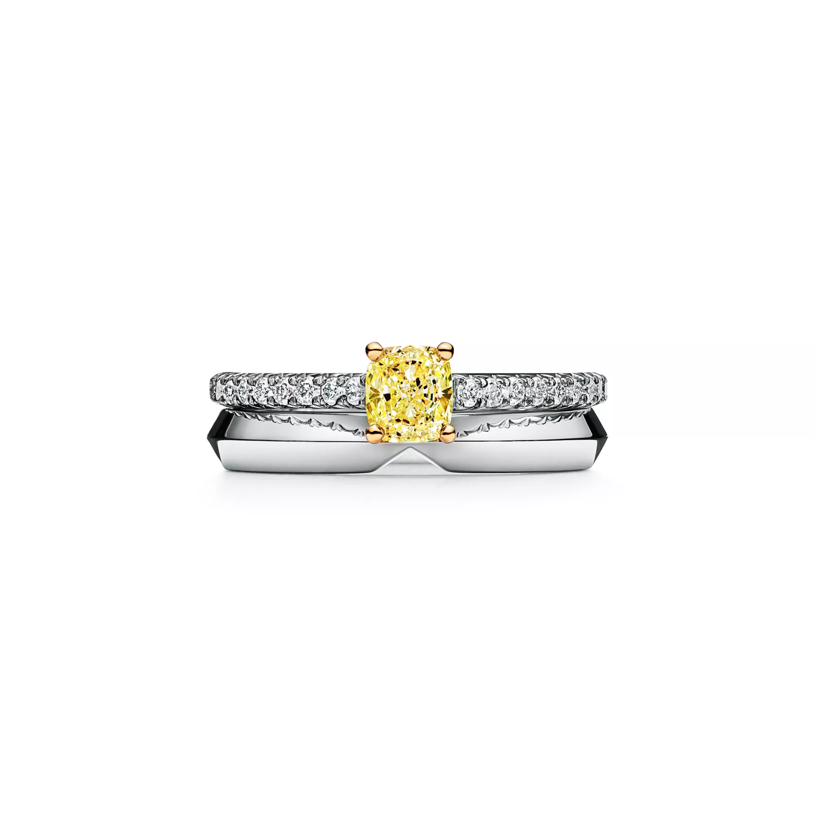 Cushion-cut Yellow Diamond Engagement Ring with a Pave Diamond Band in Platinum