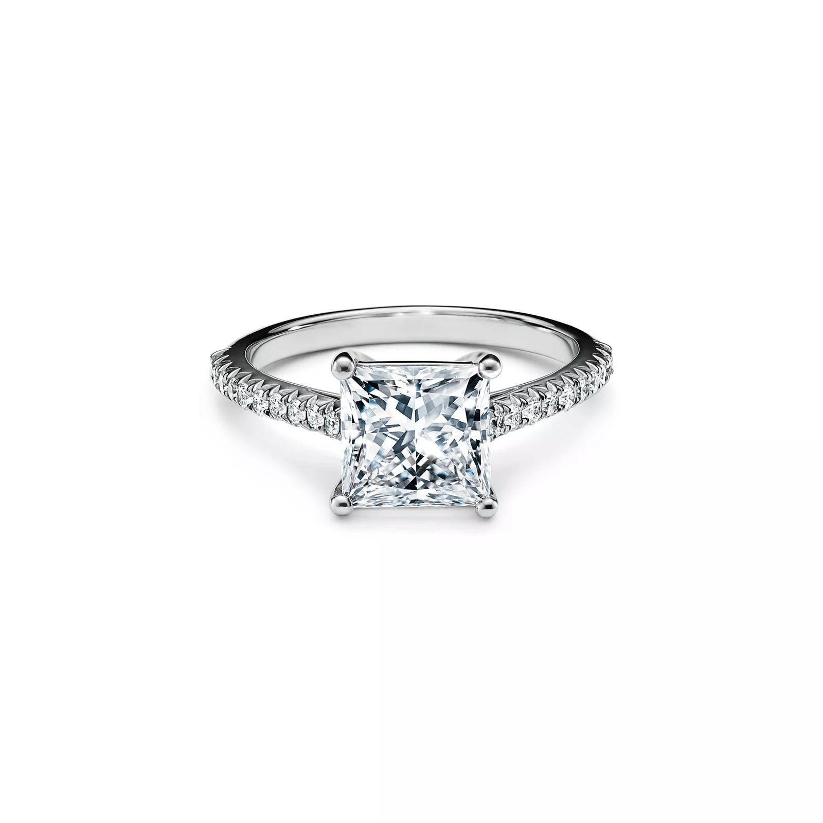 Princess-cut Engagement Ring with a Pave Diamond Band in Platinum