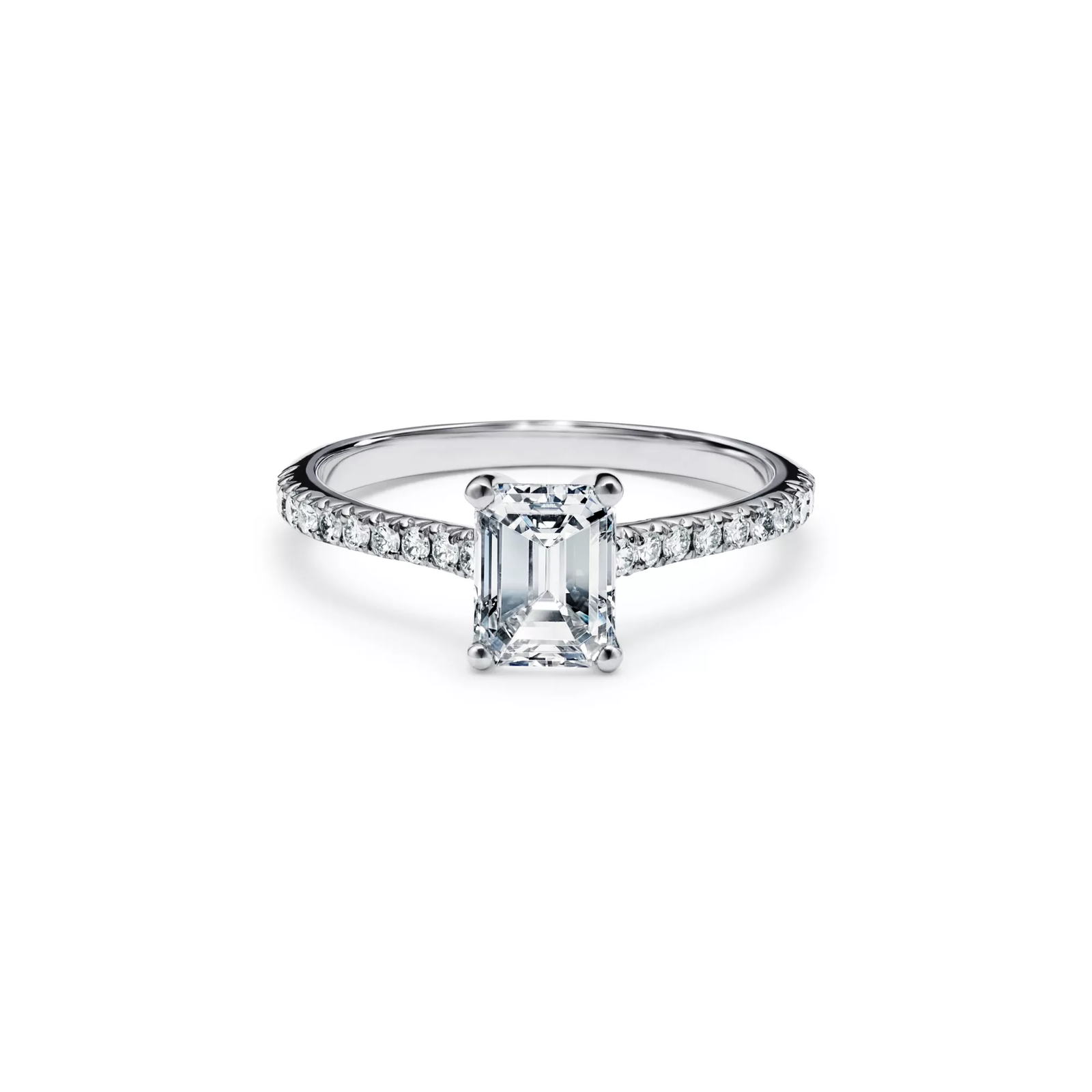 Emerald-cut Engagement Ring with a Pave Diamond Band in Platinum