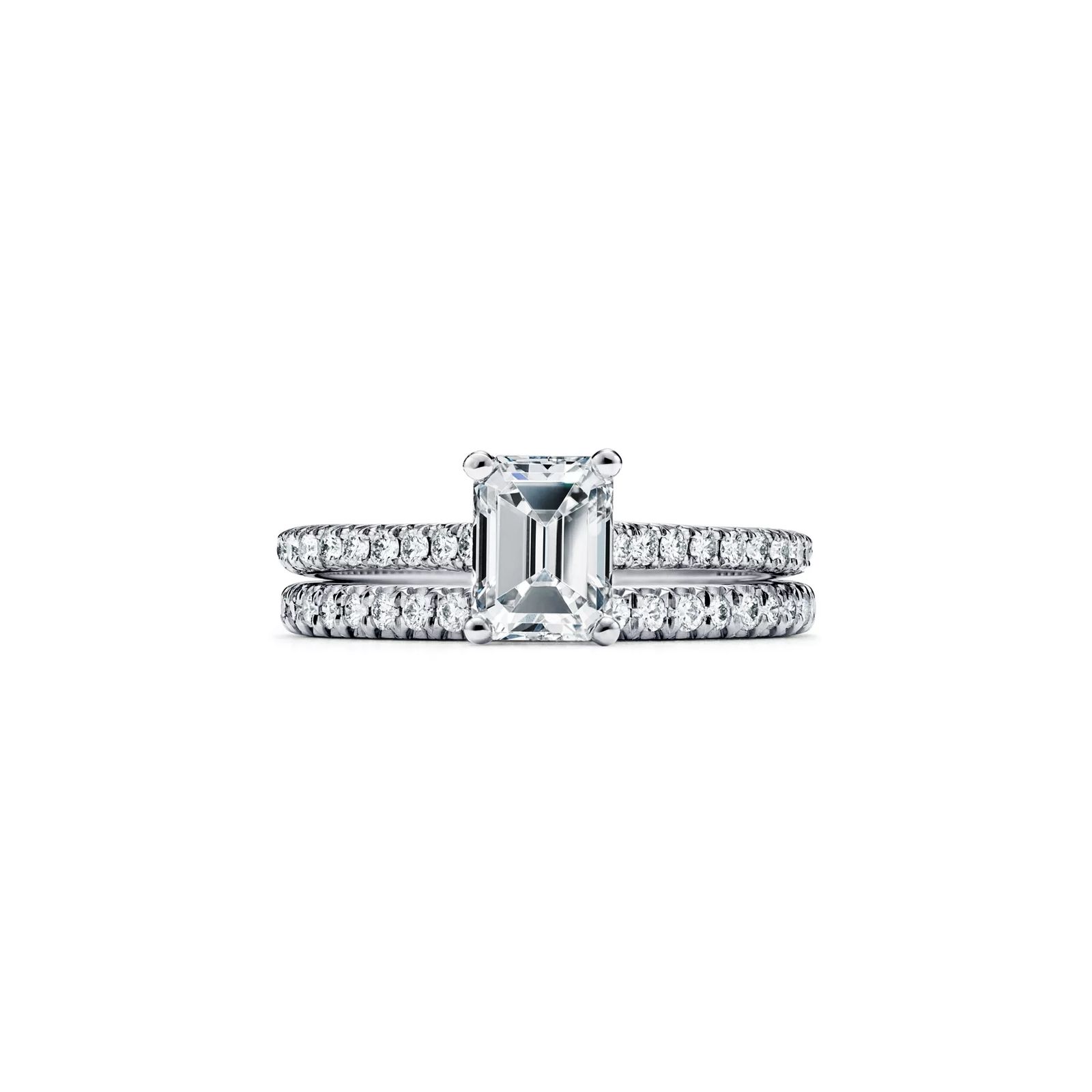 Emerald-cut Engagement Ring with a Pave Diamond Band in Platinum