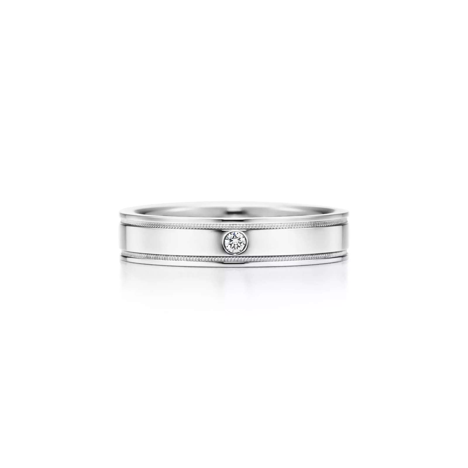 Double Milgrain Band Ring in Platinum with a Diamond, 4 mm Wide