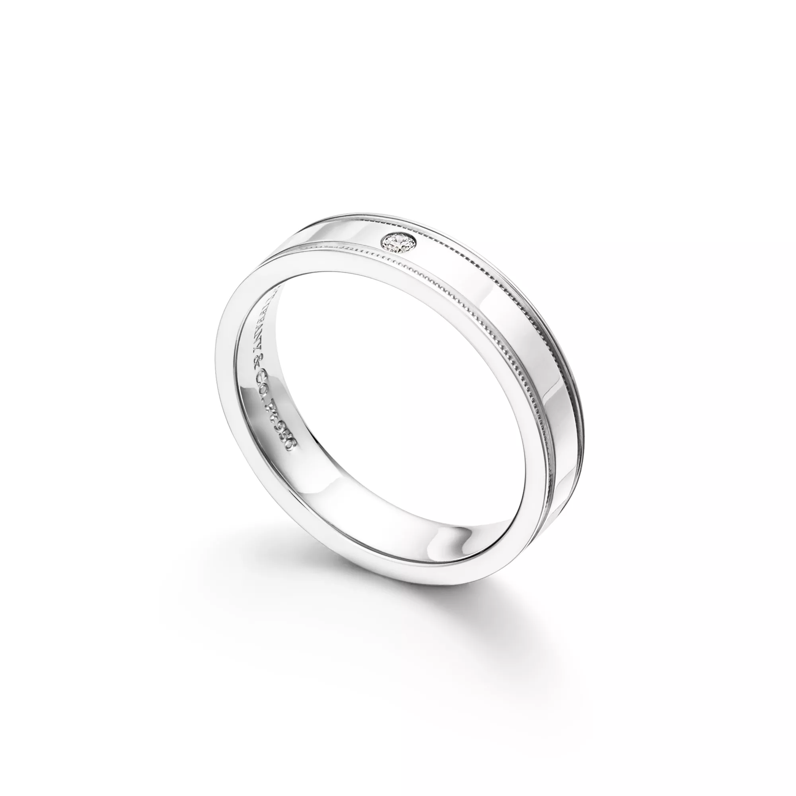 Double Milgrain Band Ring in Platinum with a Diamond, 4 mm Wide