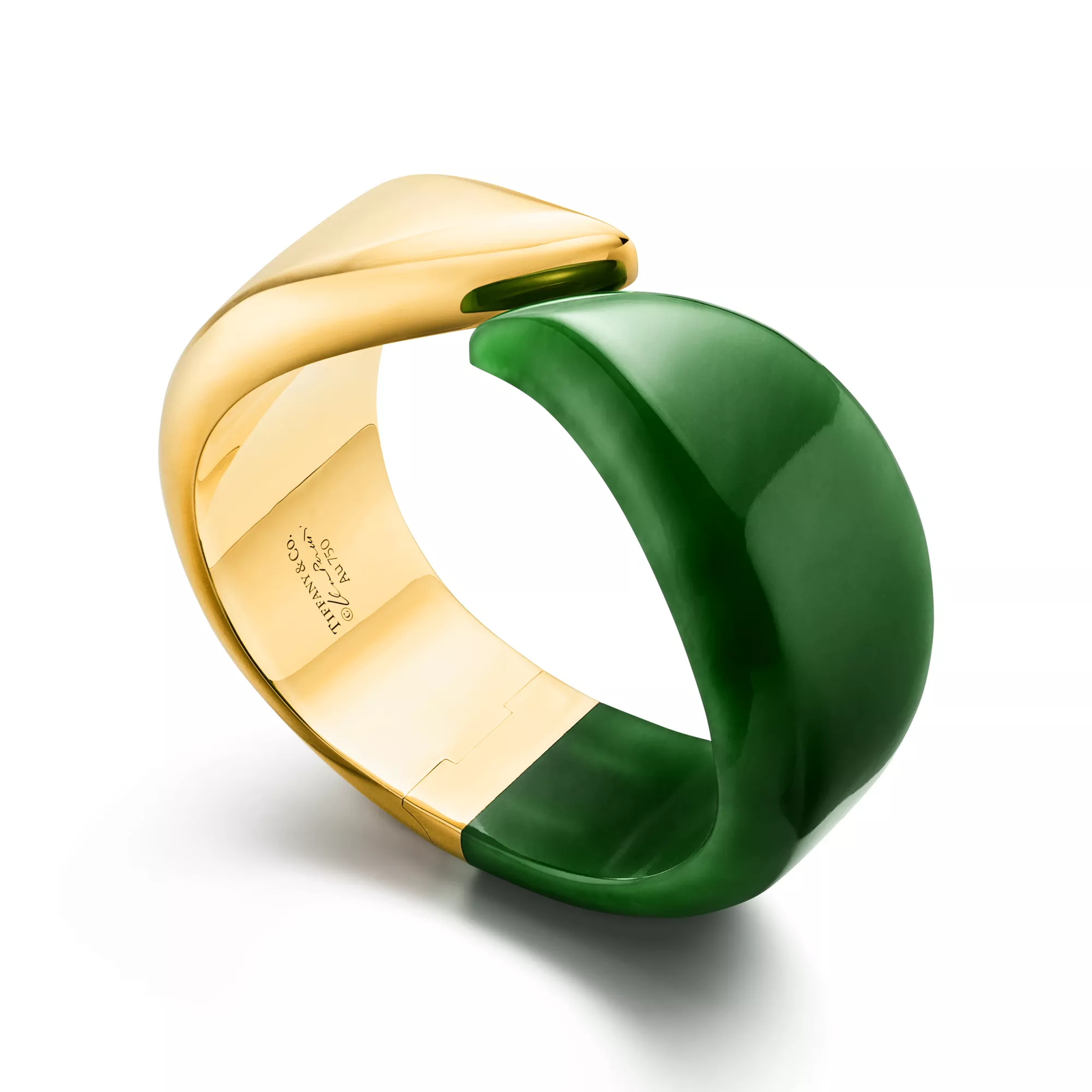 Feather Cuff in Yellow Gold with Green Nephrite Jade