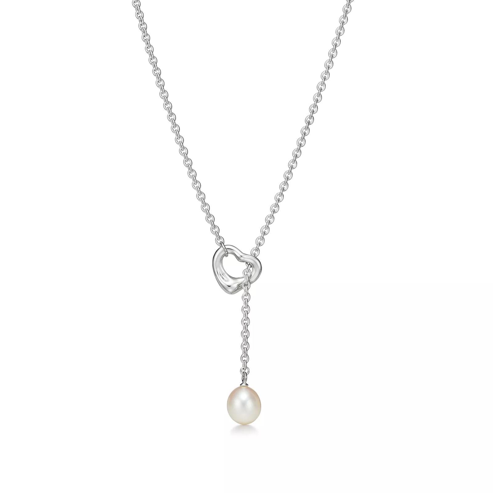 Open Heart Lariat Necklace in Silver with a Pearl
