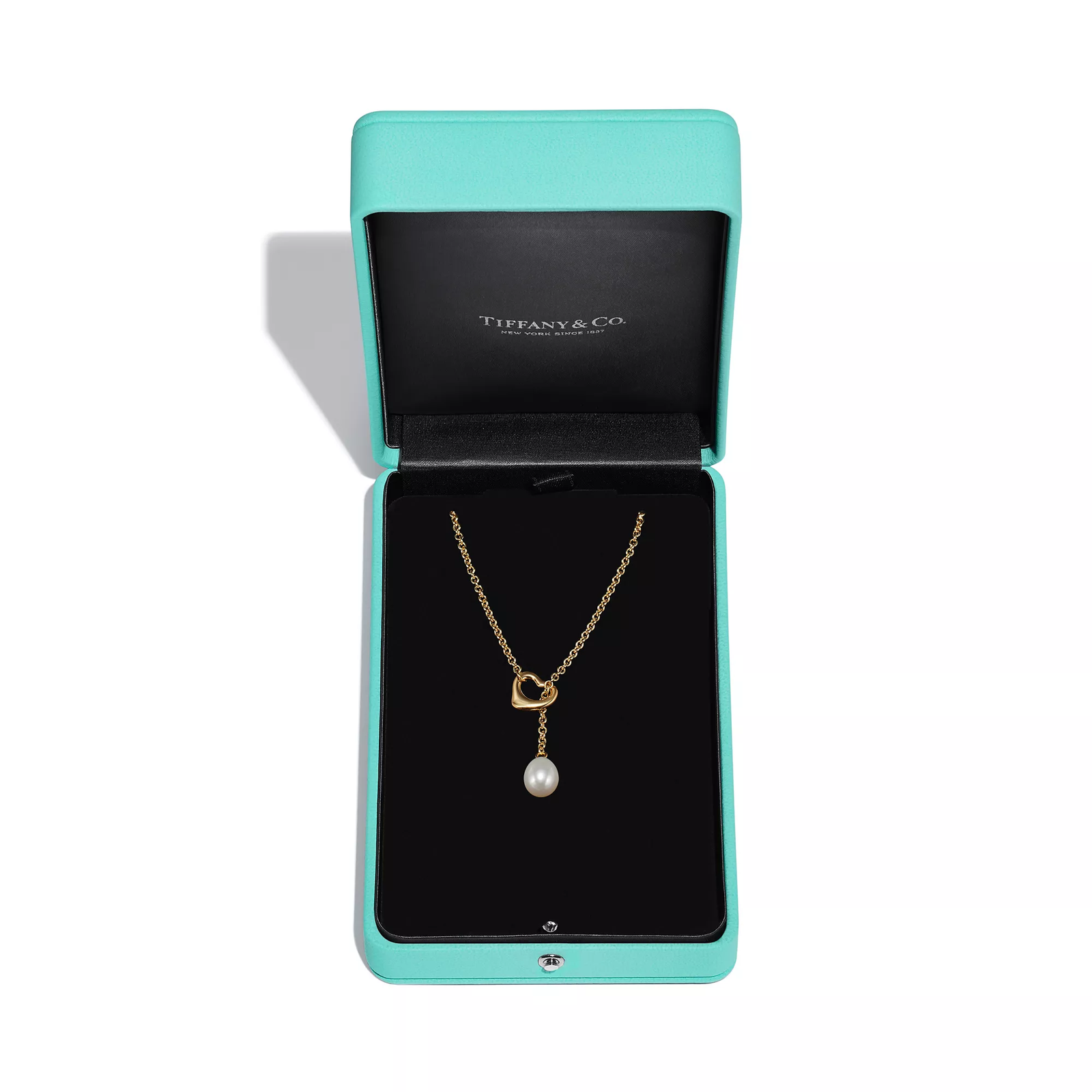 Open Heart Lariat Necklace in Yellow Gold with Pearls, 7.5-8 mm