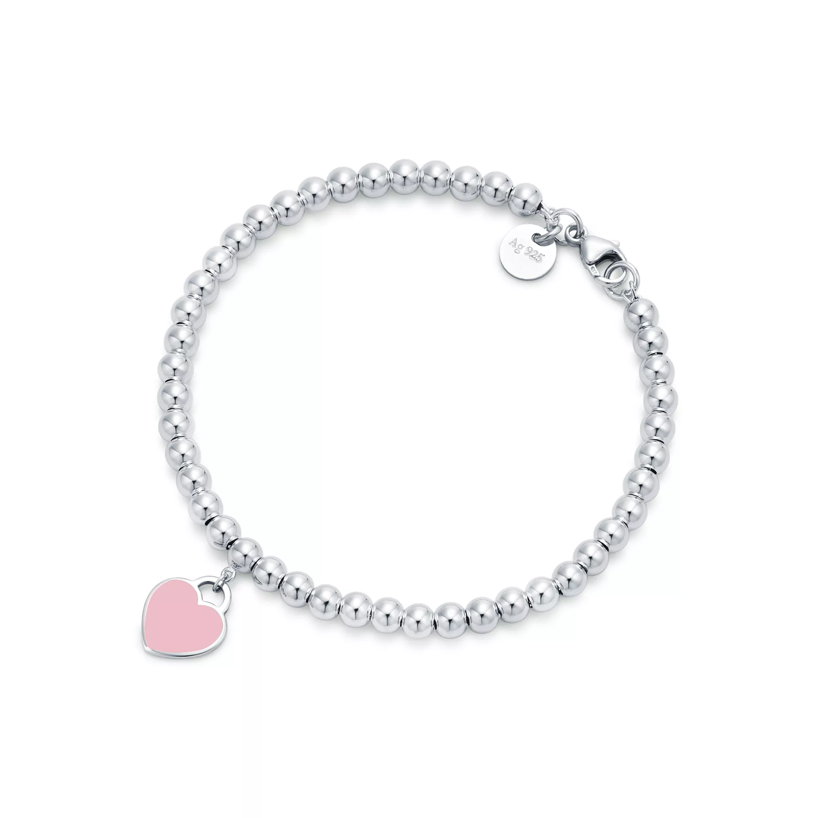 Pink Heart Tag Bead Bracelet in Silver, 4 mm