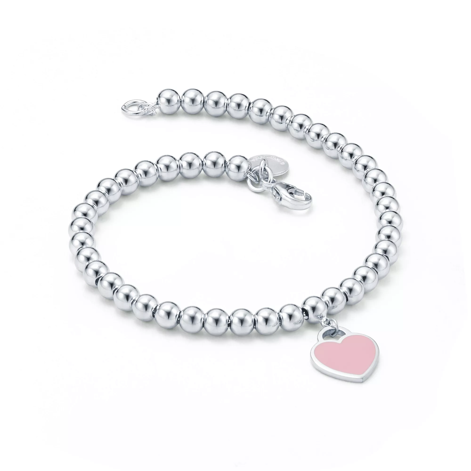 Pink Heart Tag Bead Bracelet in Silver, 4 mm