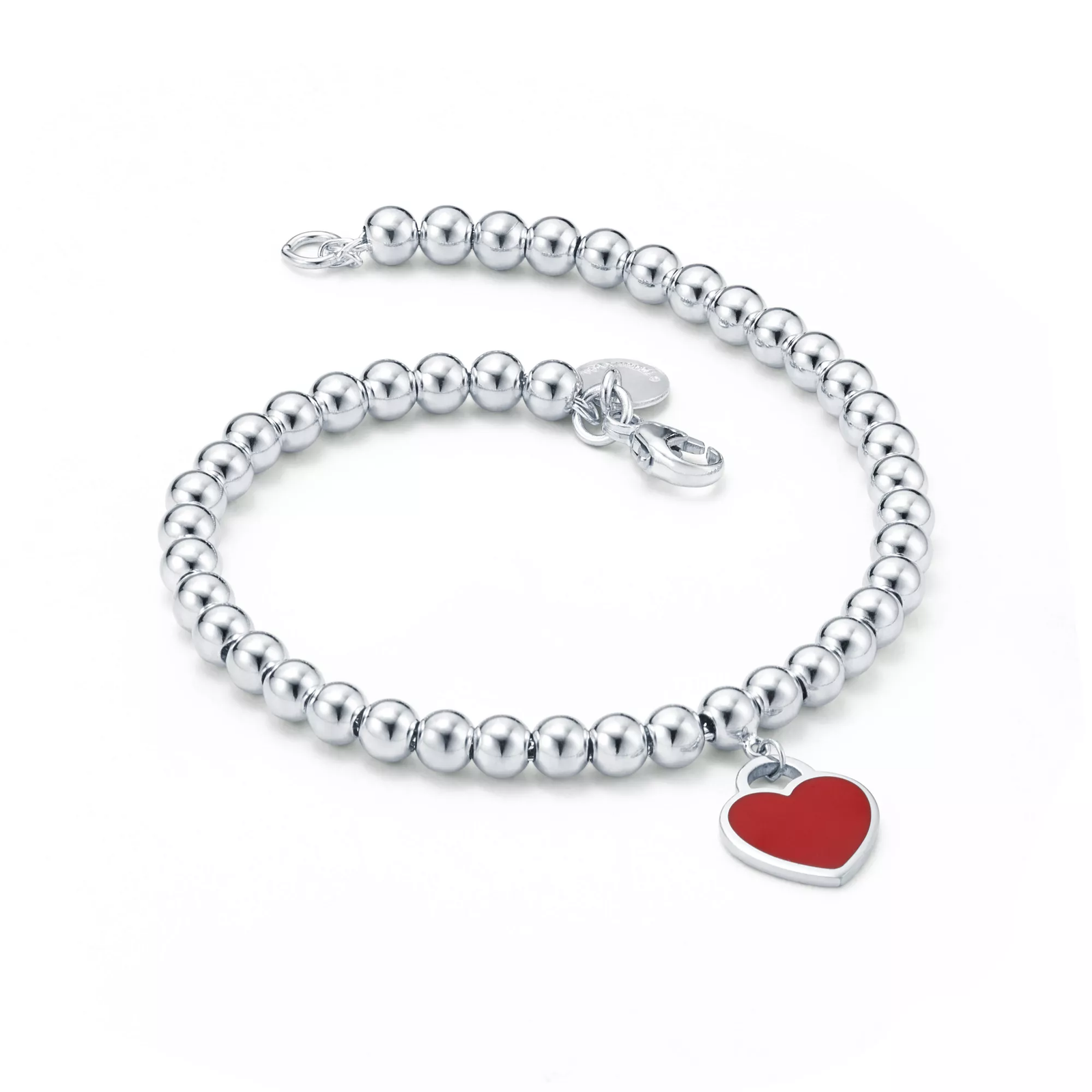 Red Heart Tag Bead Bracelet in Silver