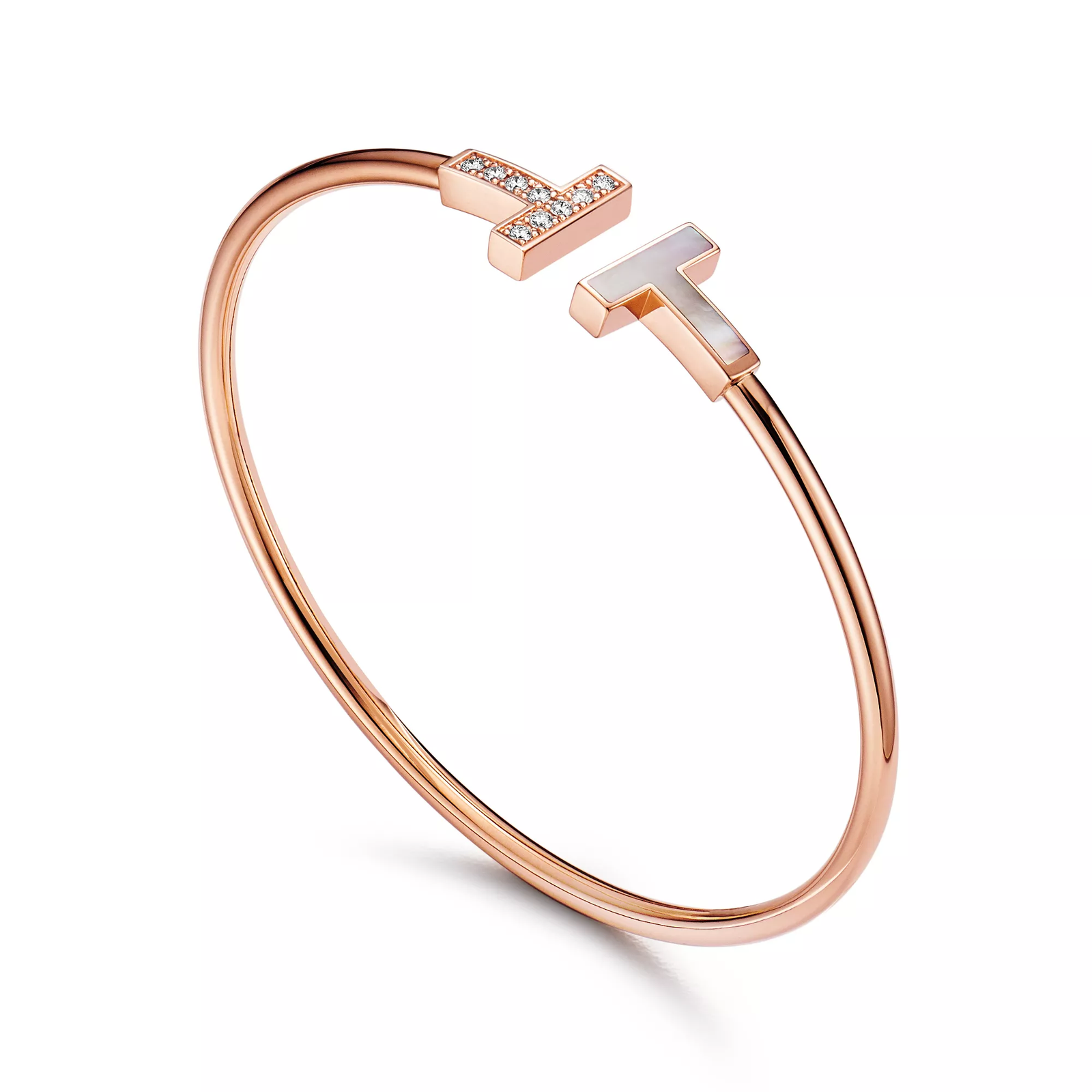 Wire Bracelet in Rose Gold with Diamonds and Mother-of-pearl