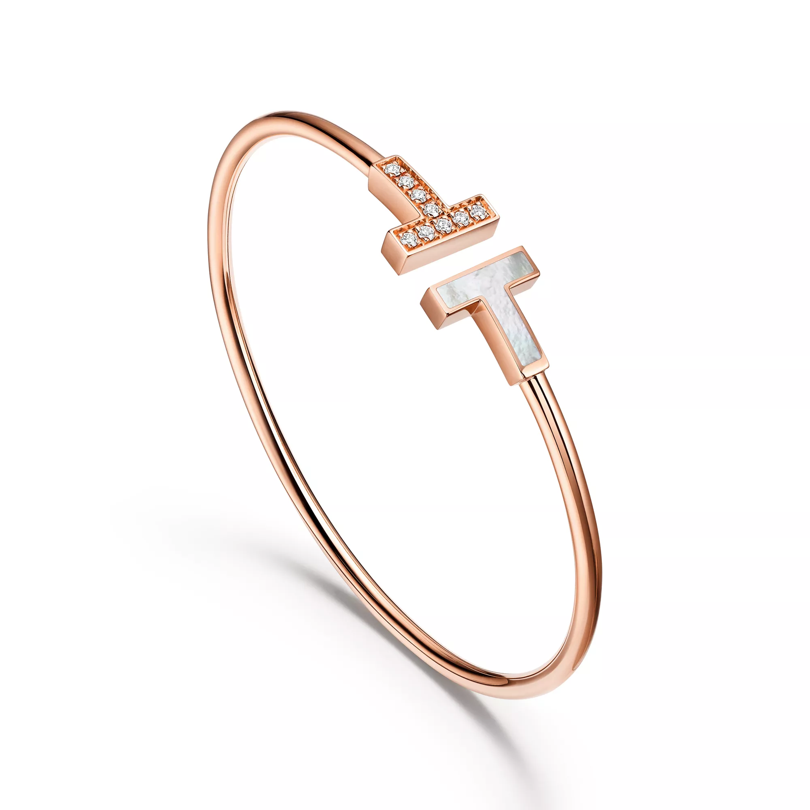 Wire Bracelet in Rose Gold with Diamonds and Mother-of-pearl