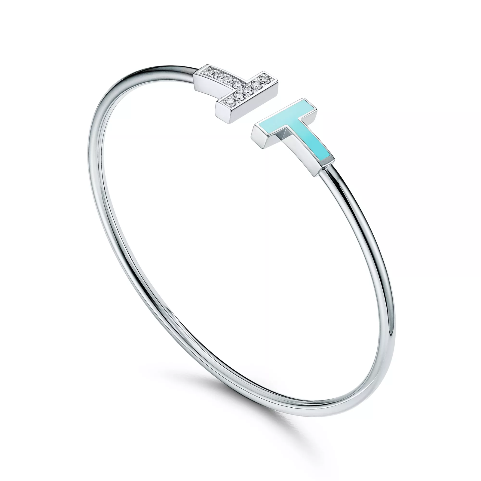Diamond and Turquoise Wire Bracelet in White Gold