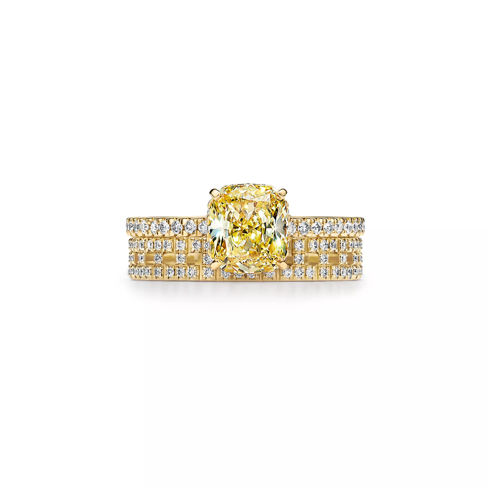 Engagement Ring with a Cushion-cut Yellow Diamond and an 18k Yellow Gold Diamond Band