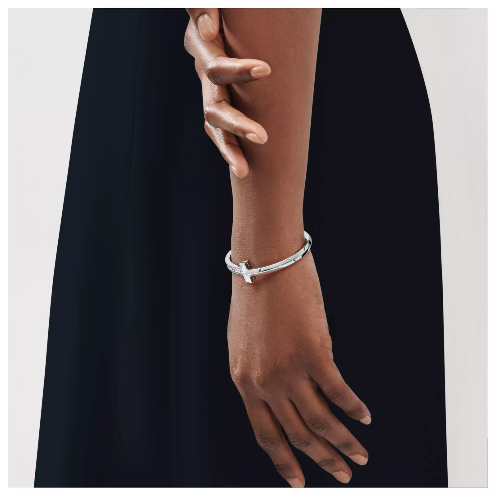 T1 Wide Diamond Hinged Bangle in White Gold
