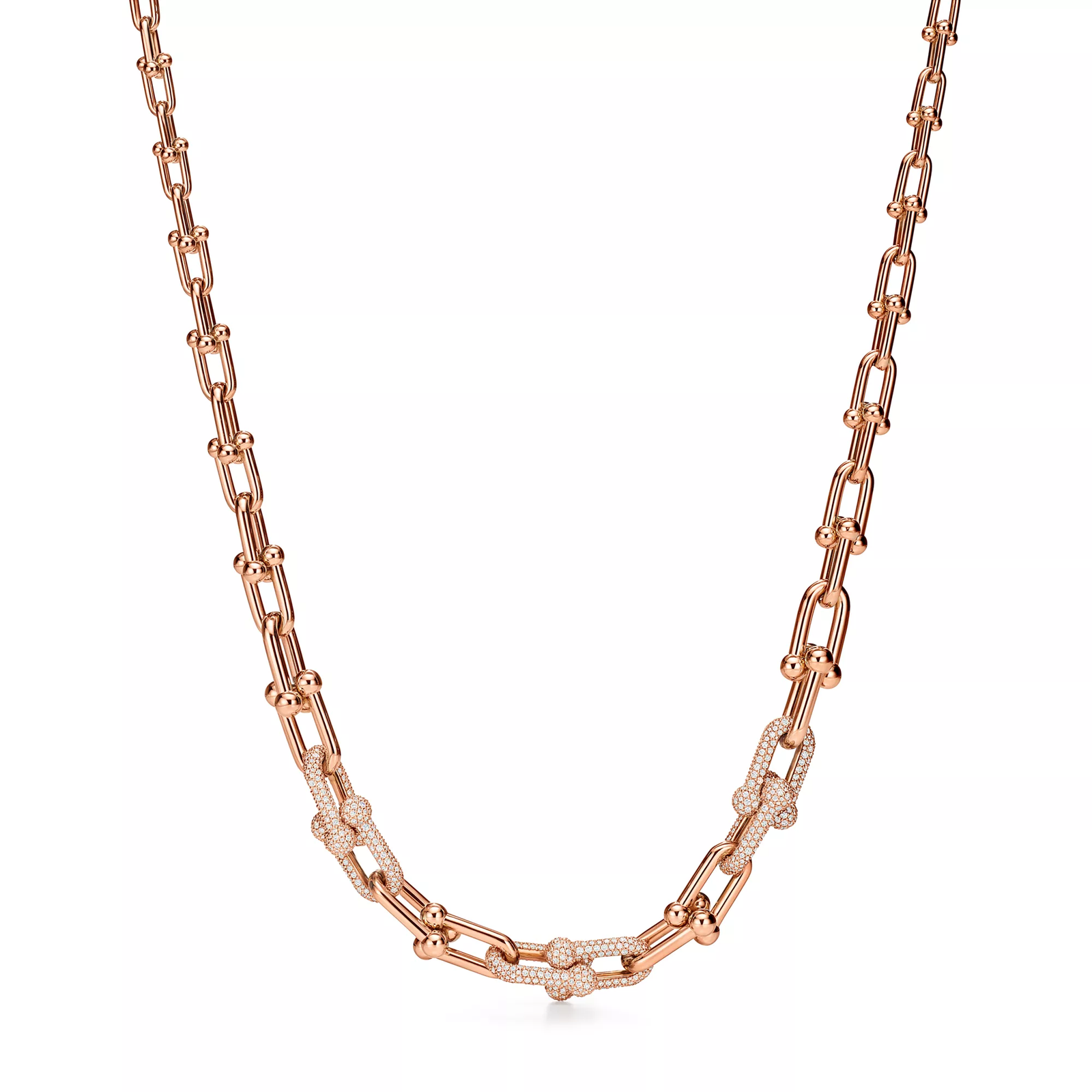Graduated Link Necklace in 18k Rose Gold with Pave Diamonds