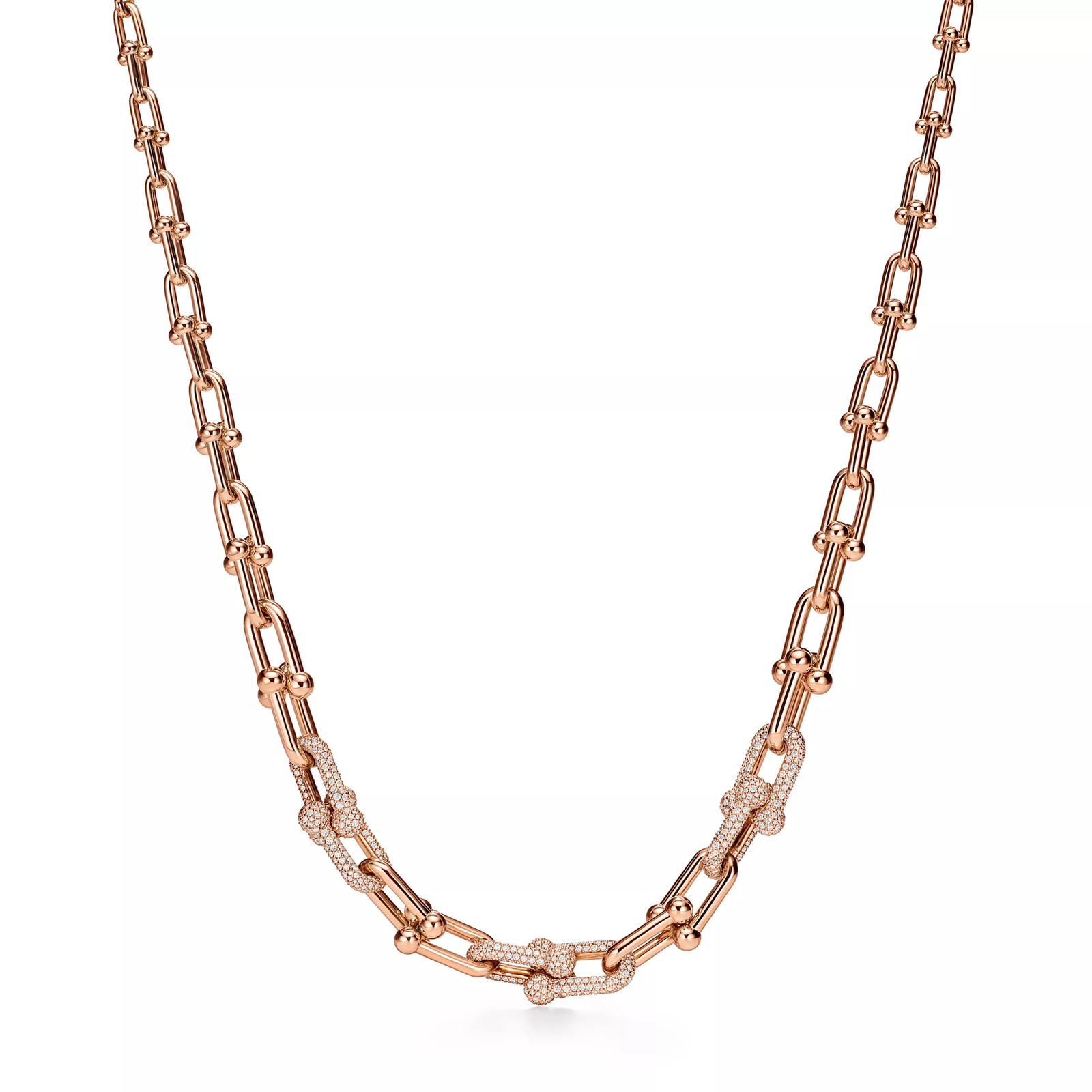 Graduated Link Necklace in 18k Rose Gold with Pave Diamonds