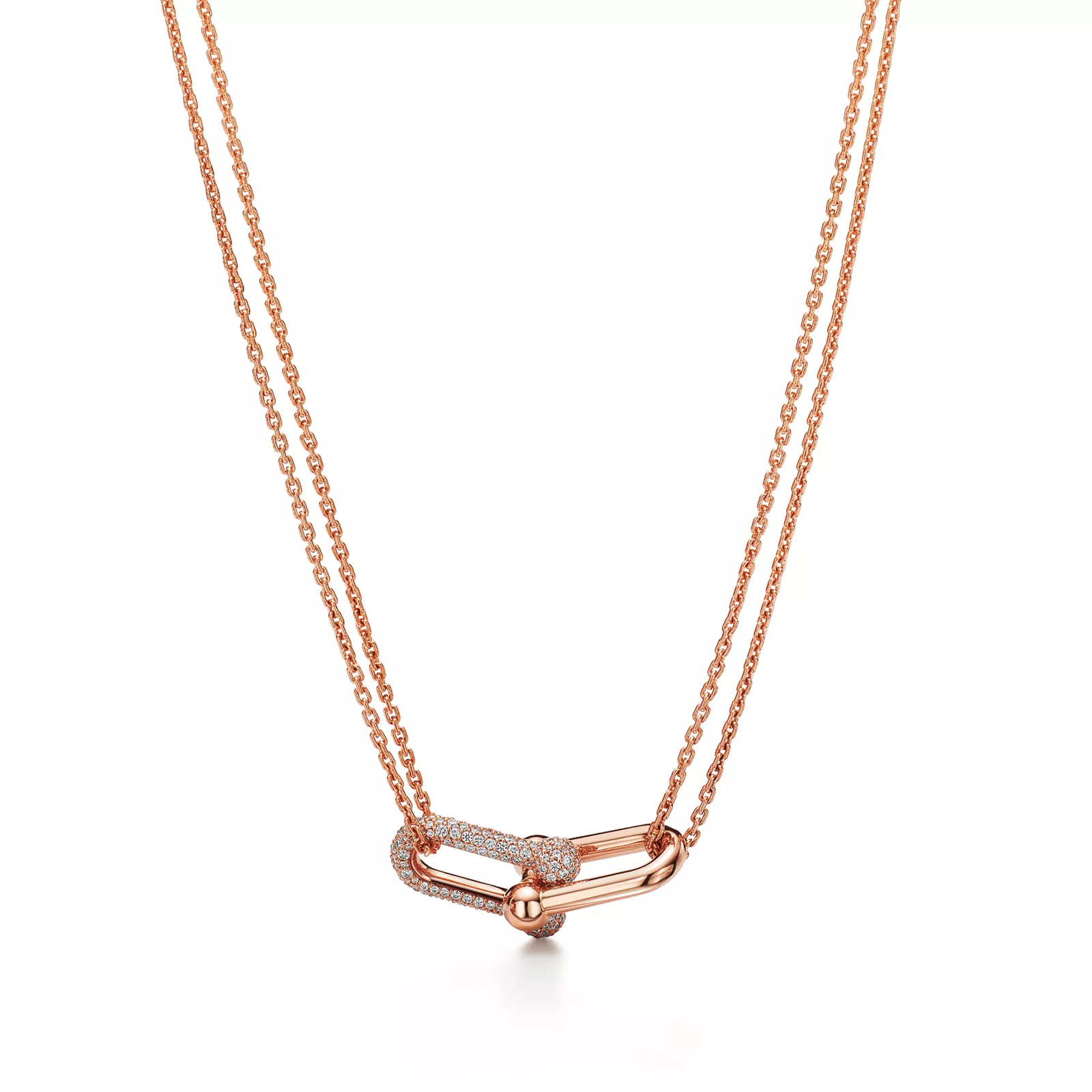 Large Double Link Pendant in Rose Gold with Pave Diamonds