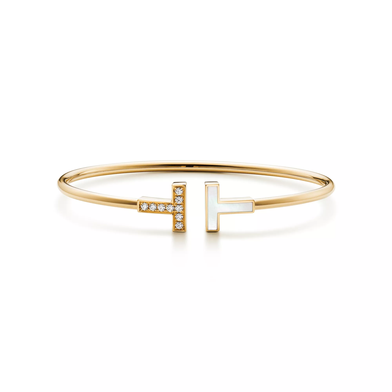 Wire Bracelet in Yellow Gold with Mother-of-pearl and Diamonds