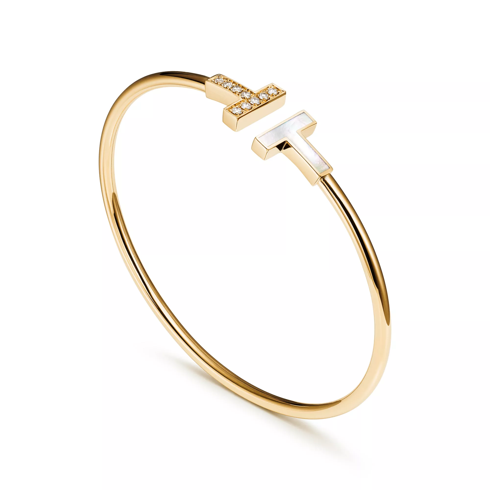 Wire Bracelet in Yellow Gold with Mother-of-pearl and Diamonds