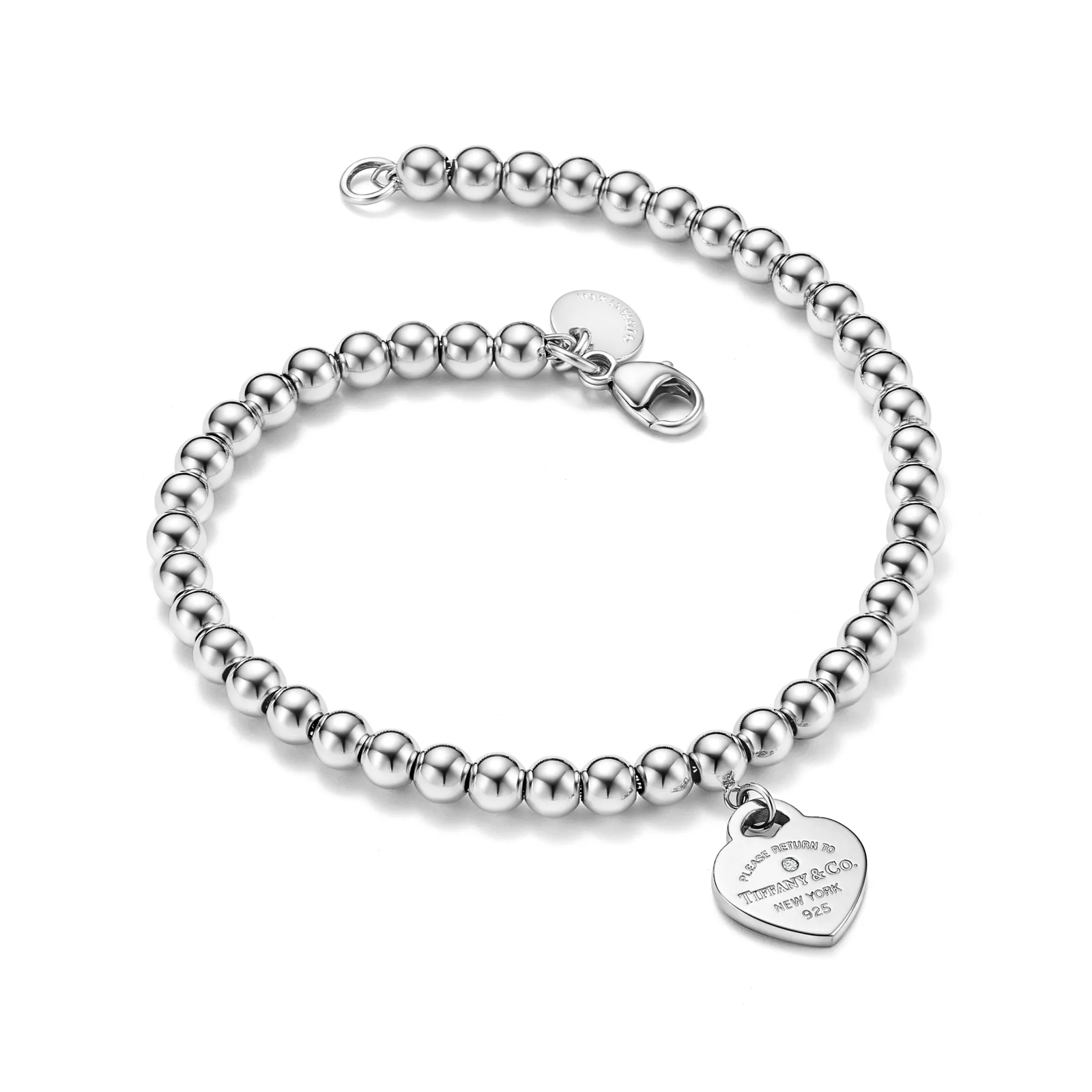 Pink Mini Heart Bead Bracelet in Silver with a Diamond, 4 mm