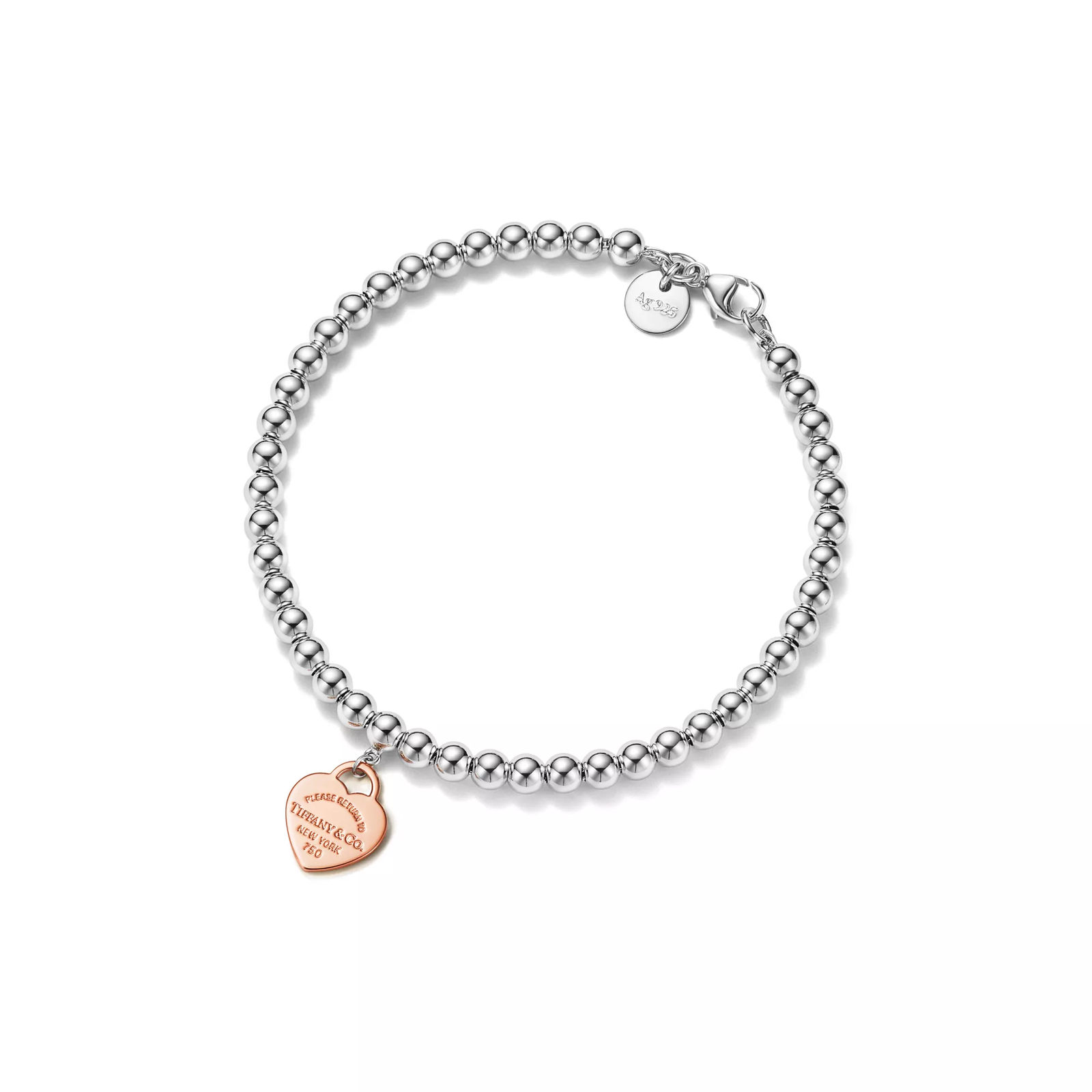 Heart Tag Bead Bracelet in Sterling Silver and Rose Gold, 4 mm