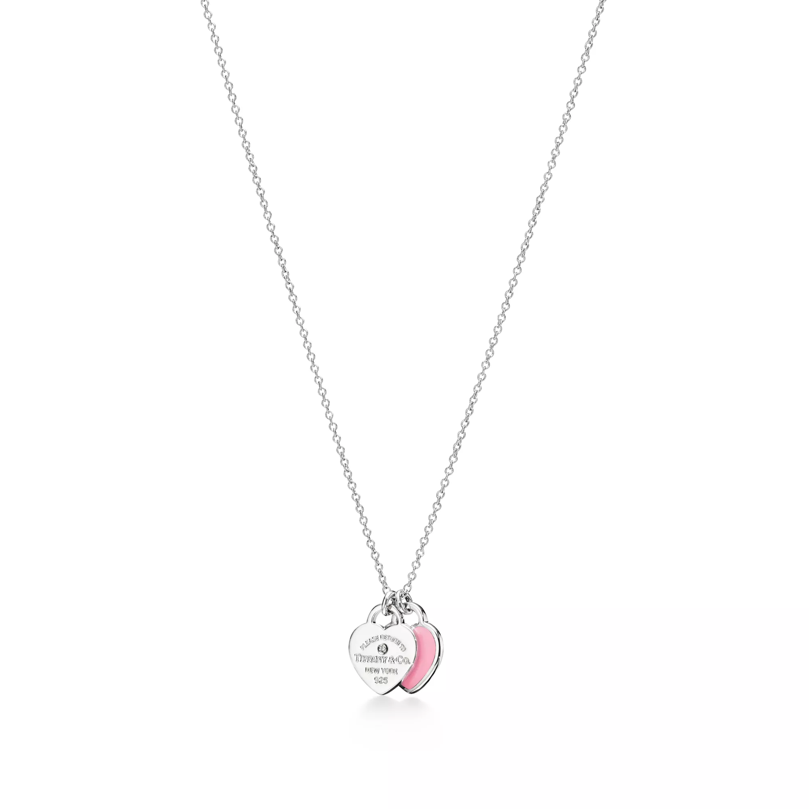 Pink Double Heart Tag Pendant in Silver with a Diamond, Mini