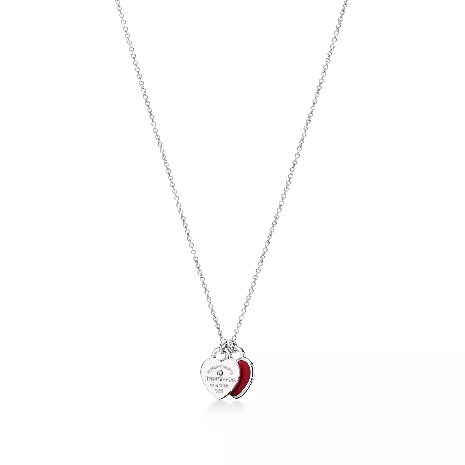 Red Double Heart Tag Pendant in Silver with a Diamond, Mini