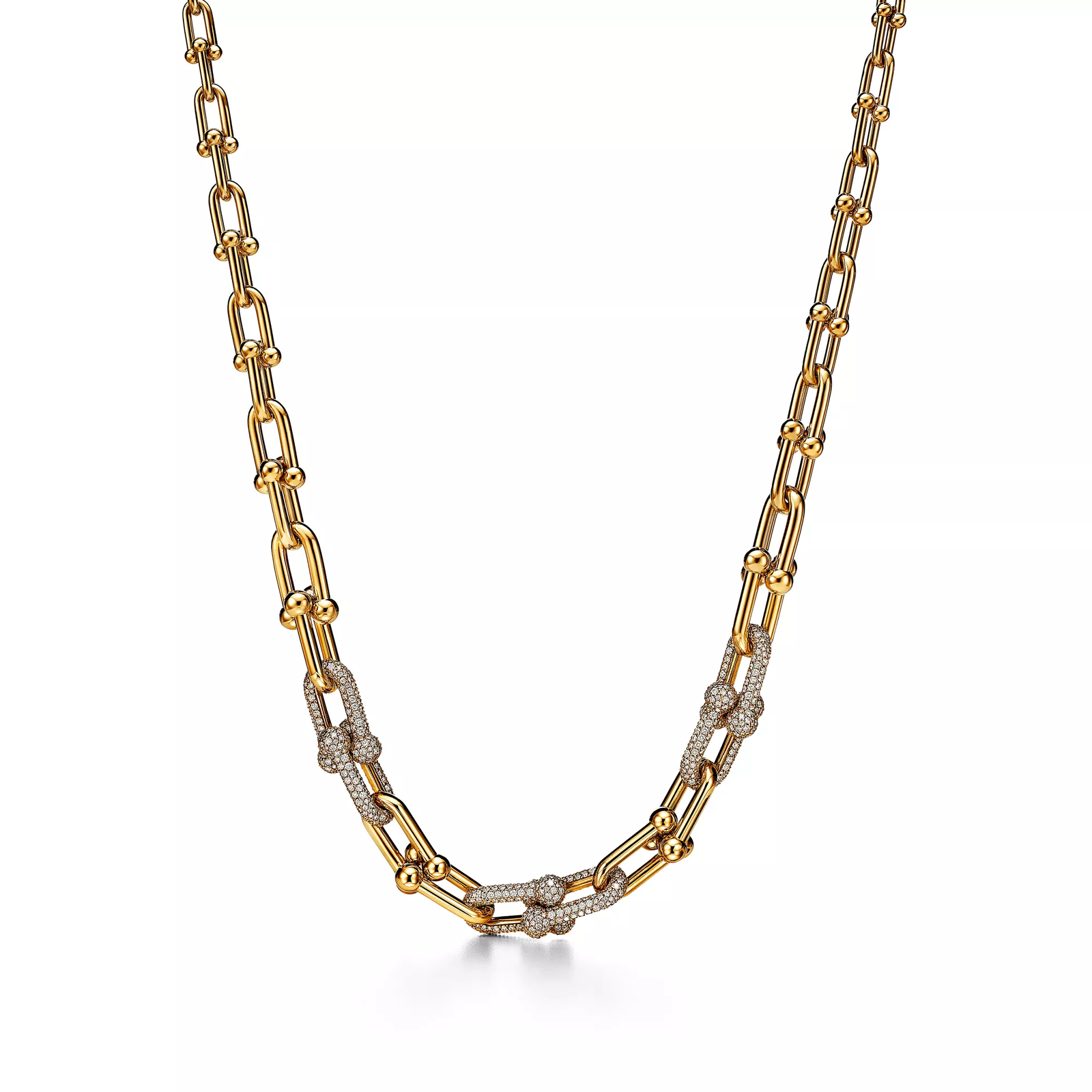 Graduated Link Necklace in Yellow Gold with Pave Diamonds