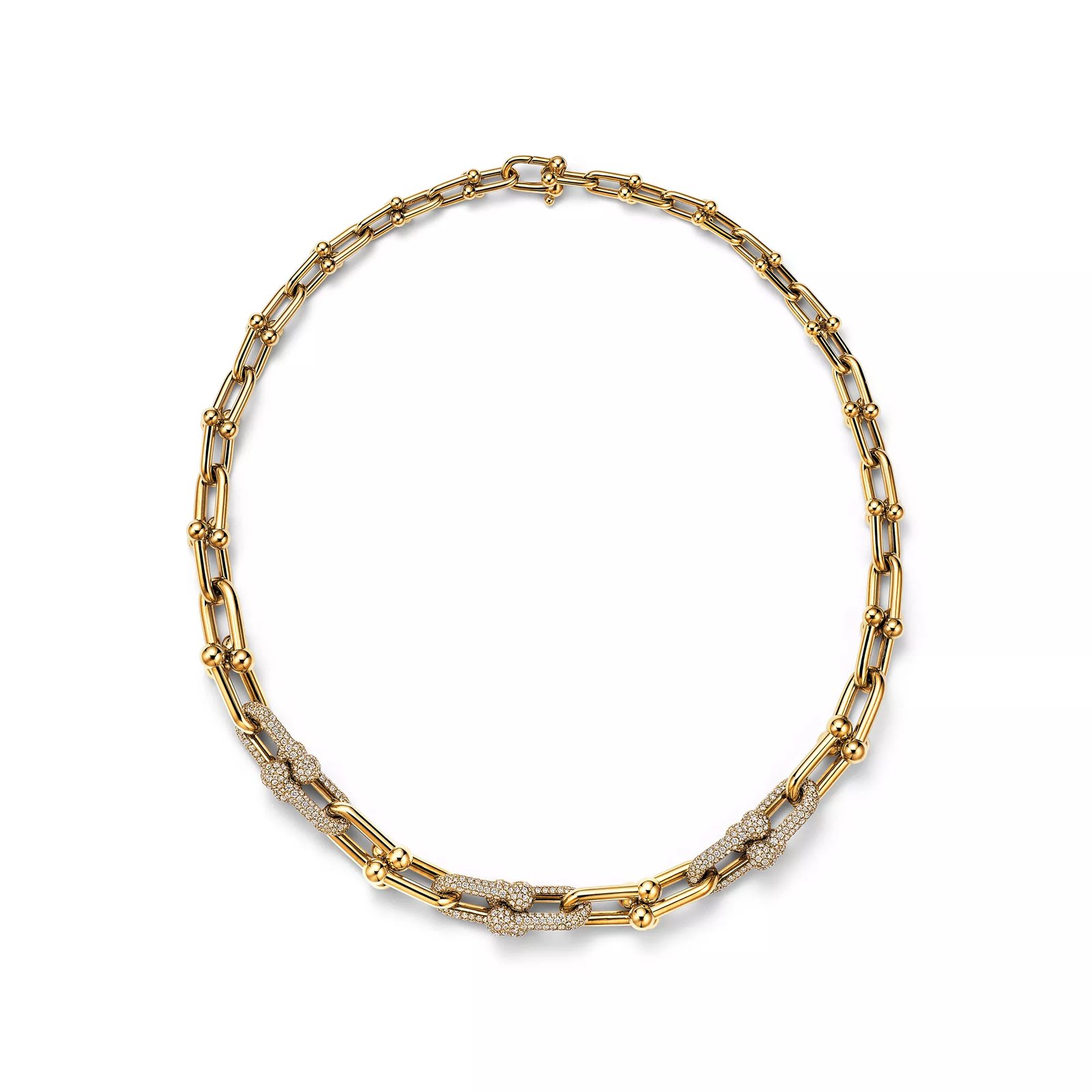 Graduated Link Necklace in Yellow Gold with Pave Diamonds