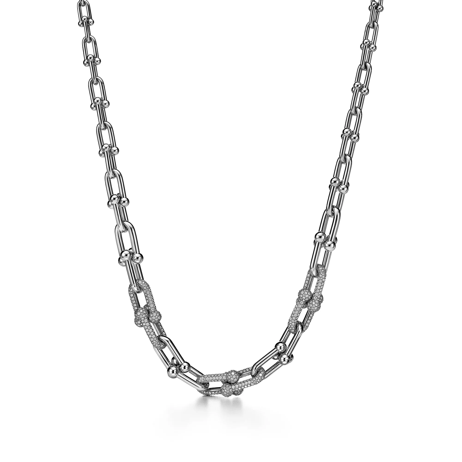 Graduated Link Necklace in White Gold with Pave Diamonds