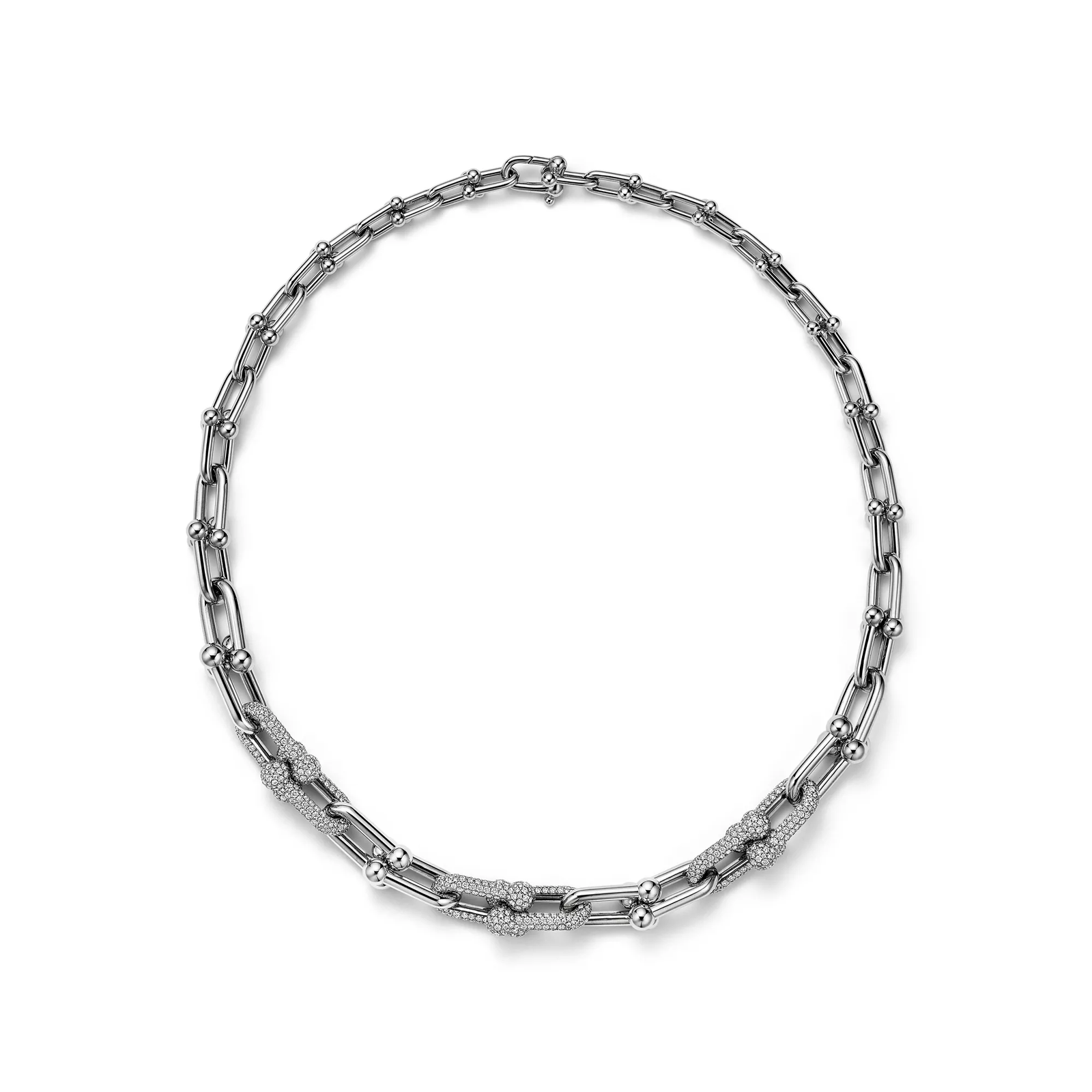 Graduated Link Necklace in White Gold with Pave Diamonds