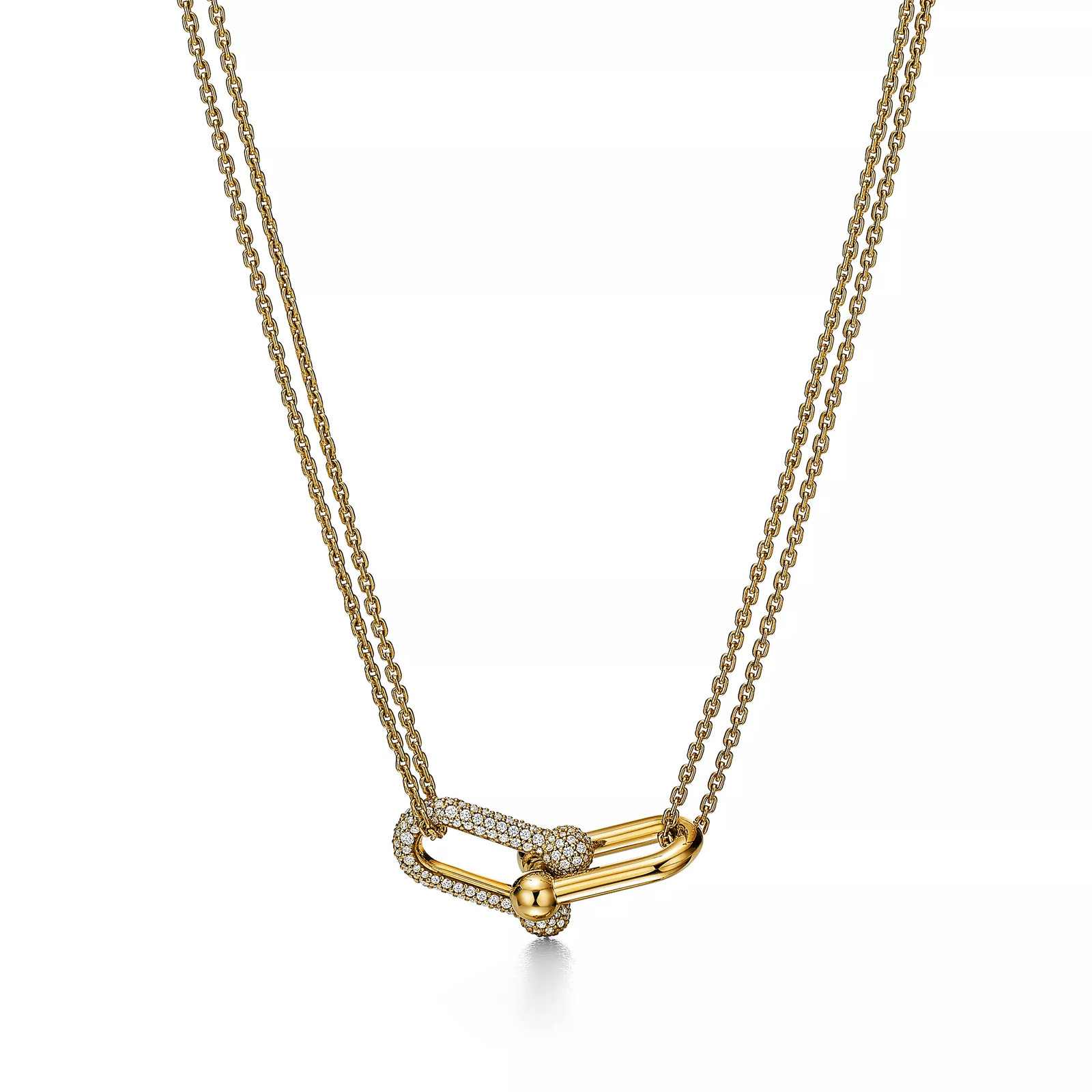Large Double Link Pendant in Yellow Gold with Pave Diamonds