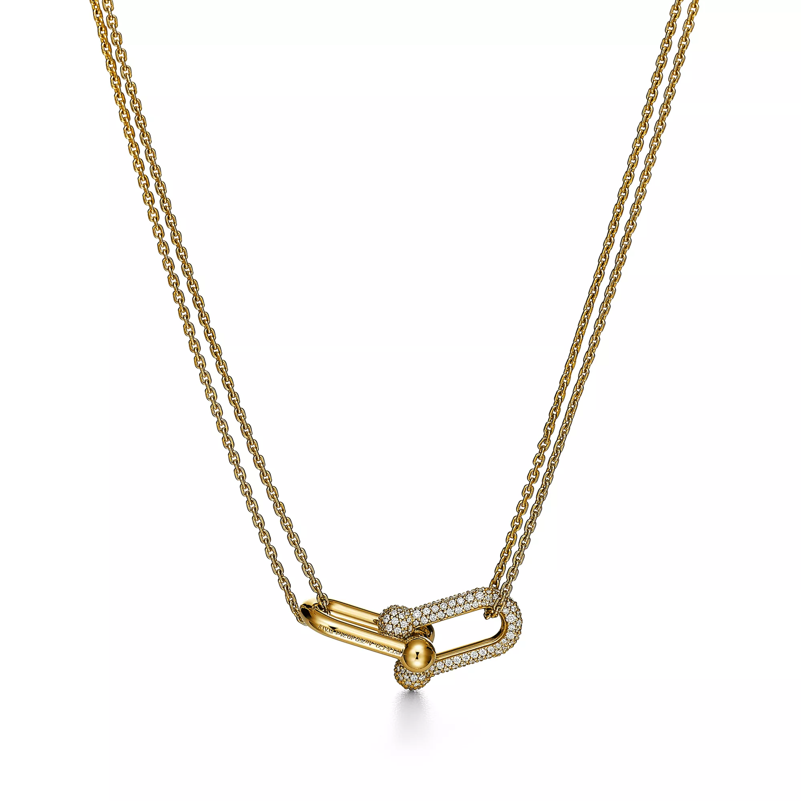 Large Double Link Pendant in Yellow Gold with Pave Diamonds