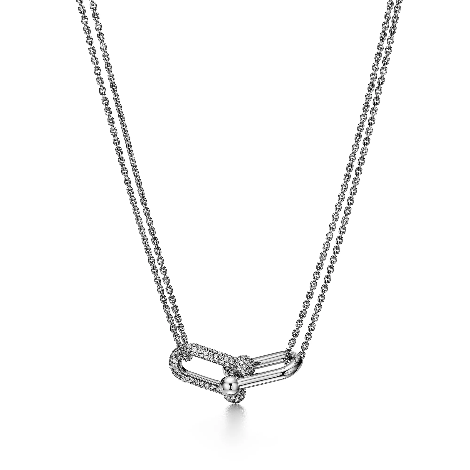 Large Double Link Pendant in White Gold with Pave Diamonds