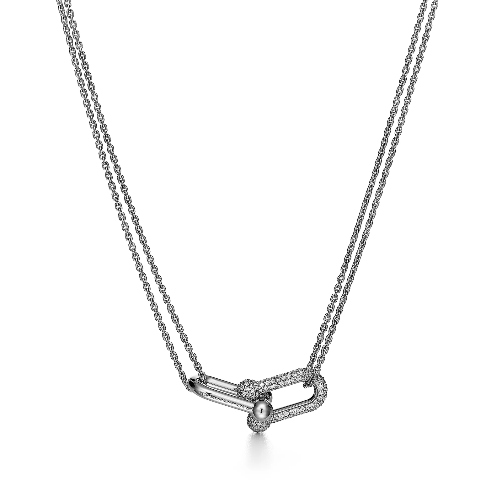Large Double Link Pendant in White Gold with Pave Diamonds